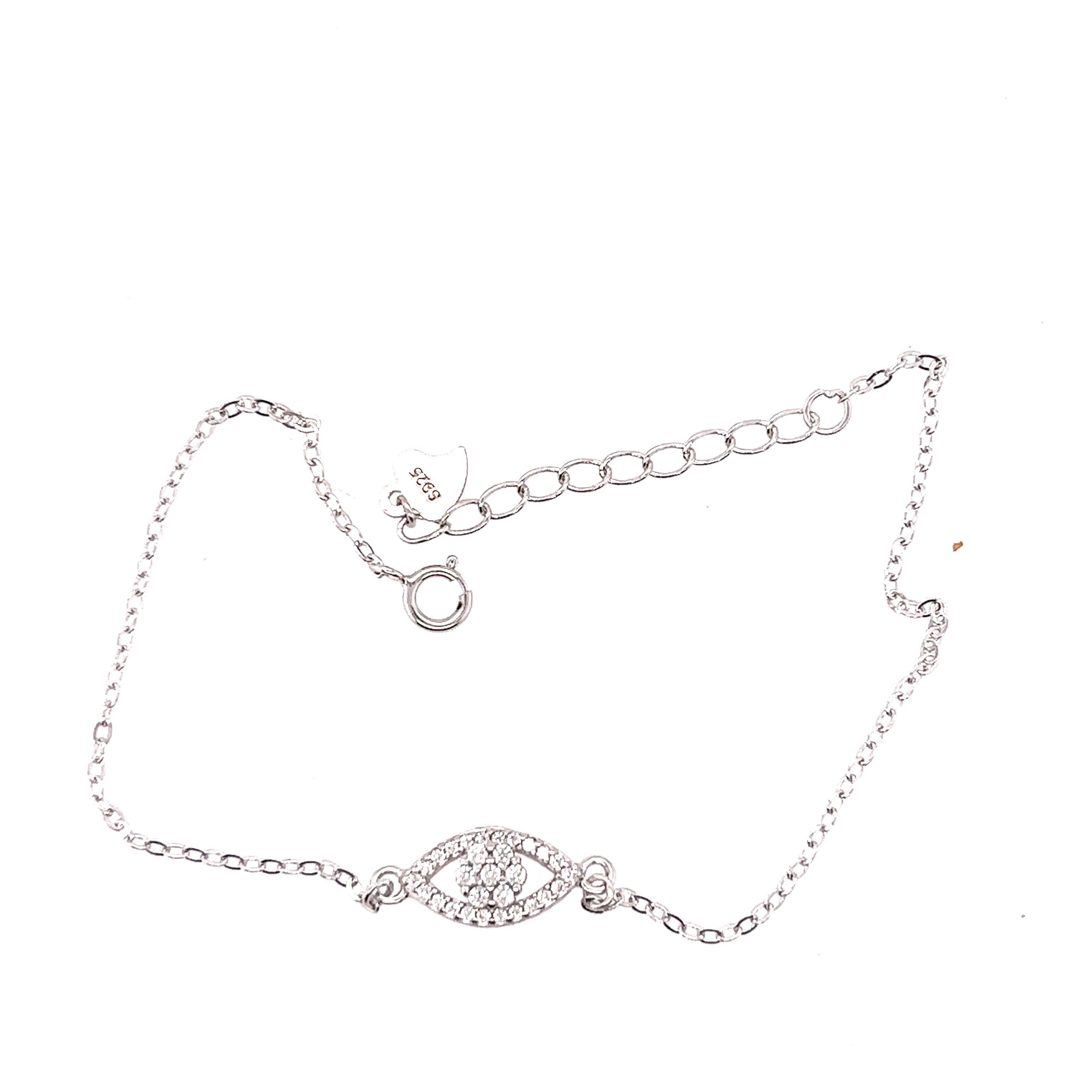 An elegant silver bracelet adorned with a Dainty Cubic Zirconia Evil Eye pendant, embellished with brilliant Cubic Zirconia by Super Silver.