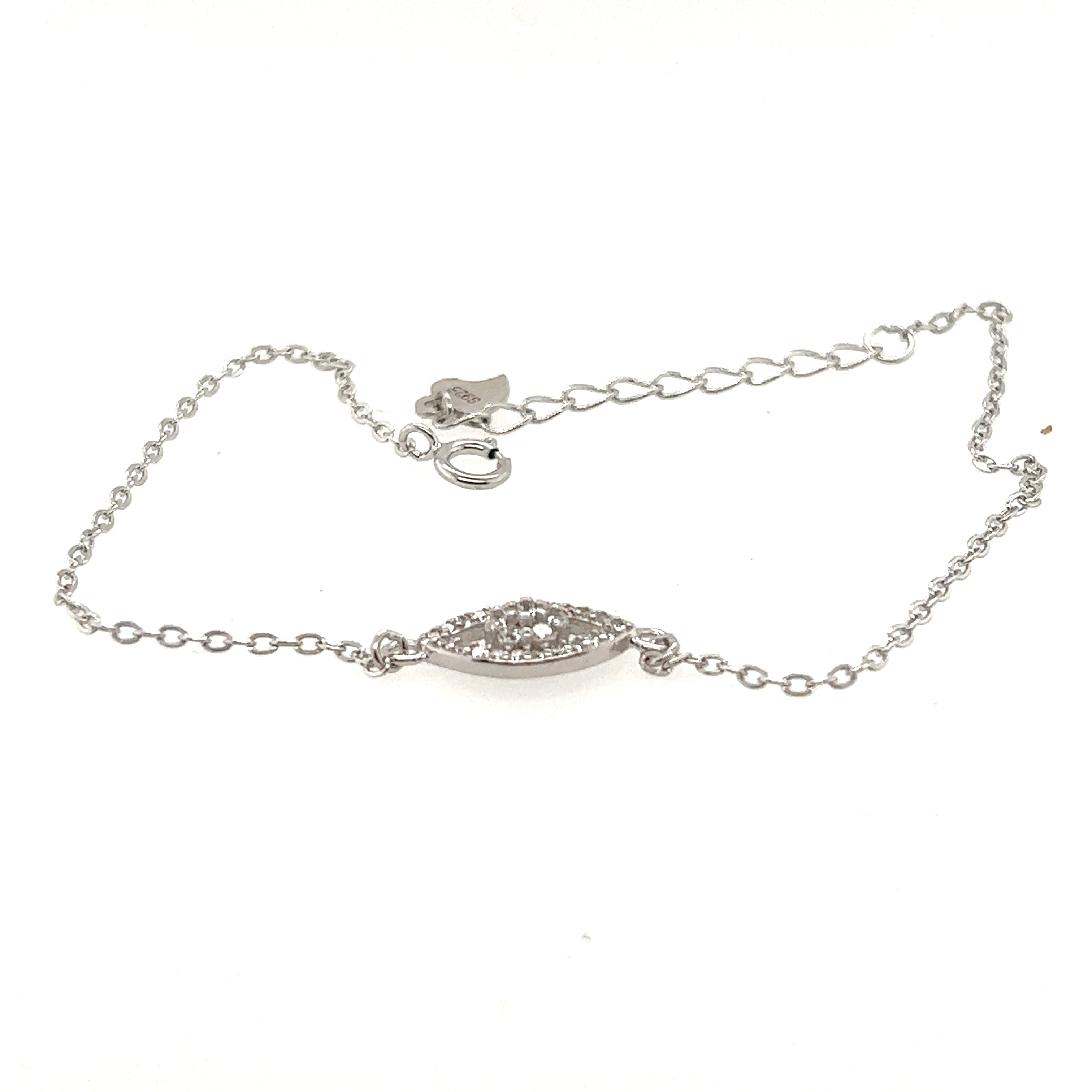 An elegant Dainty Cubic Zirconia Evil Eye Bracelet adorned with a captivating evil eye charm encrusted with dazzling Cubic Zirconia, by Super Silver.