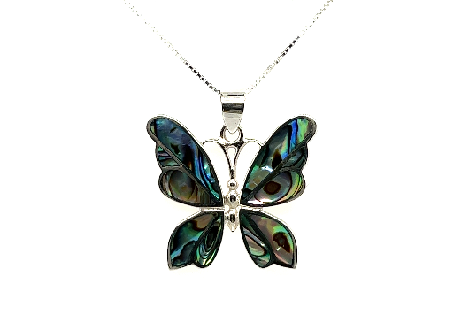 Medium Inlay Butterfly Pendant with multicolored, iridescent wings on a thin chain.