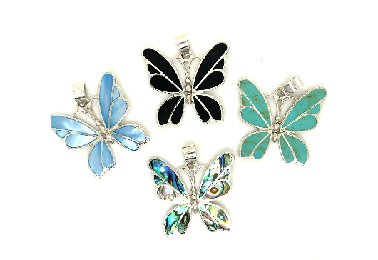 Four Medium Inlay Butterfly Pendants in different colors: light blue, black, turquoise, and iridescent. These butterfly pendants feature silver outlines and a small loop at the top for attaching to a chain, making them exquisite pieces of gemstone jewelry.