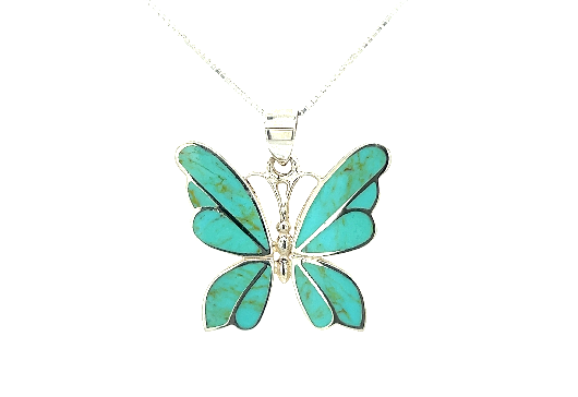 A Medium Inlay Butterfly Pendant hangs gracefully from a delicate silver chain, a stunning piece of gemstone jewelry.