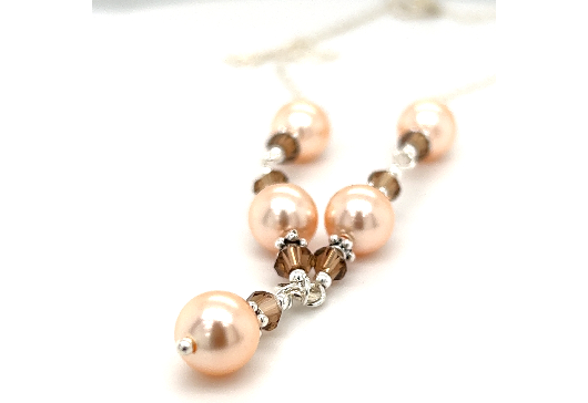 Peach Shell Pearl and Smokey Quartz necklace adorned with champagne shell pearls and Swarovski crystals, by Super Silver.