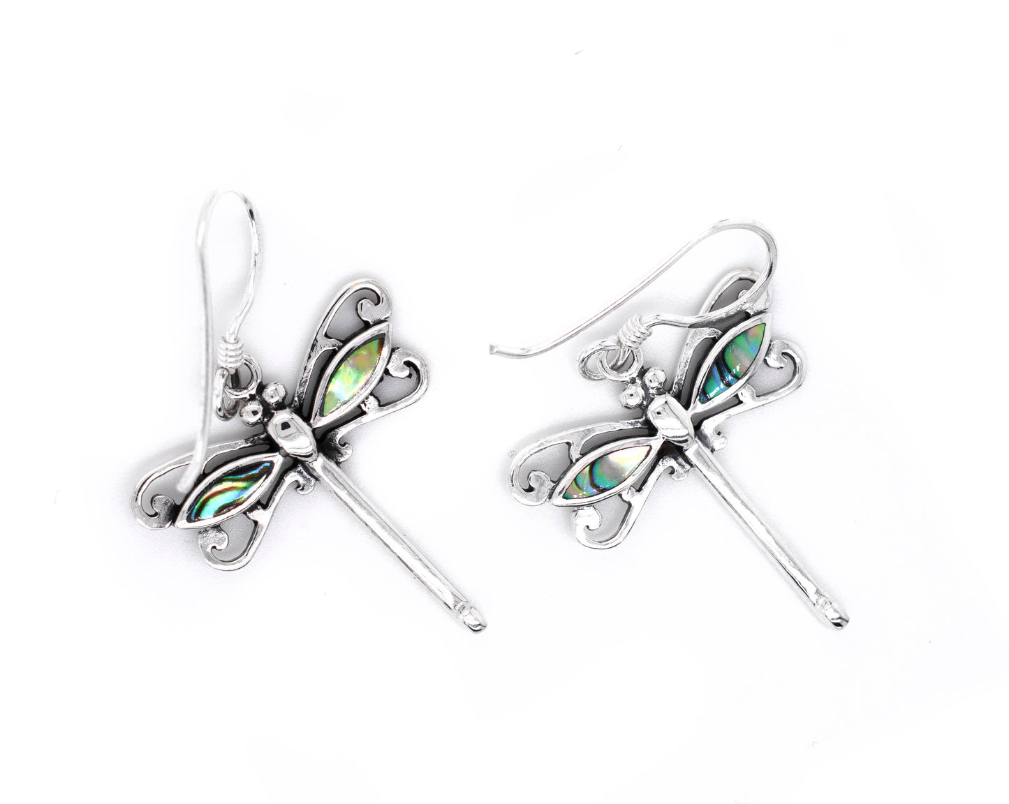 A pair of Dragonfly Abalone earrings on a Super Silver background.