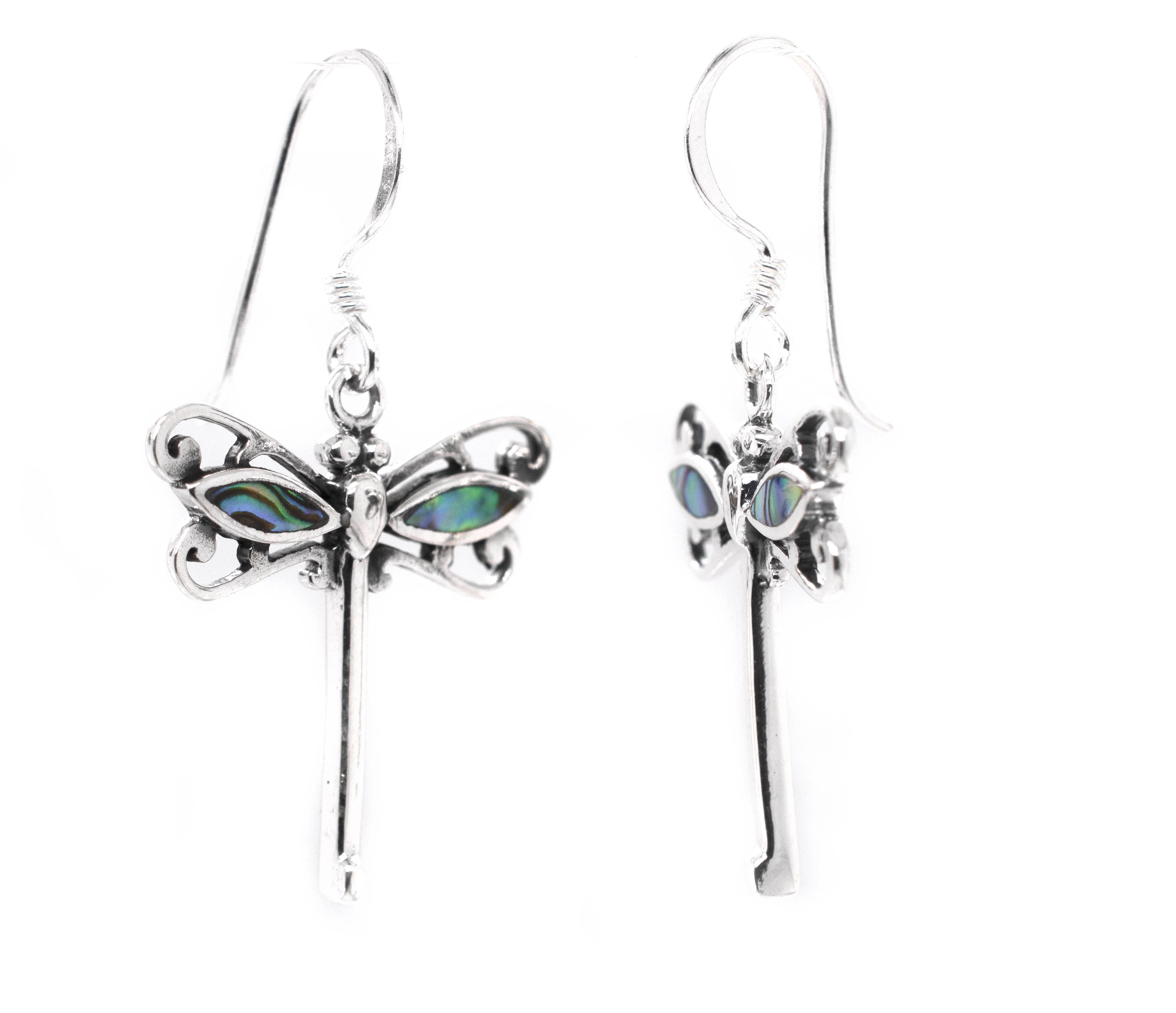 A pair of Super Silver Dragonfly Abalone Earrings with abalone shell accents on a white background.
