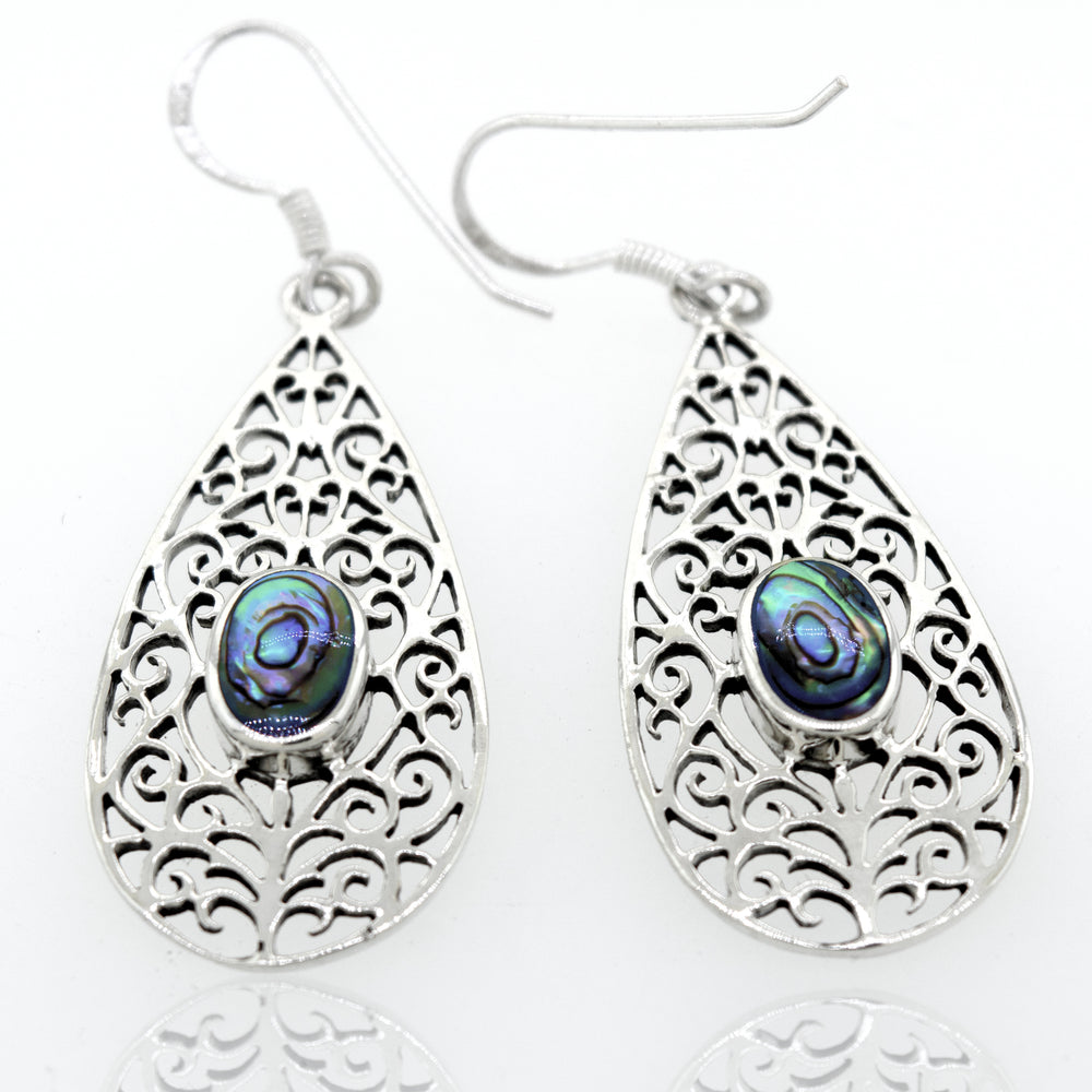 A pair of Elegant Teardrop Shape Abalone Earrings crafted from Super Silver.