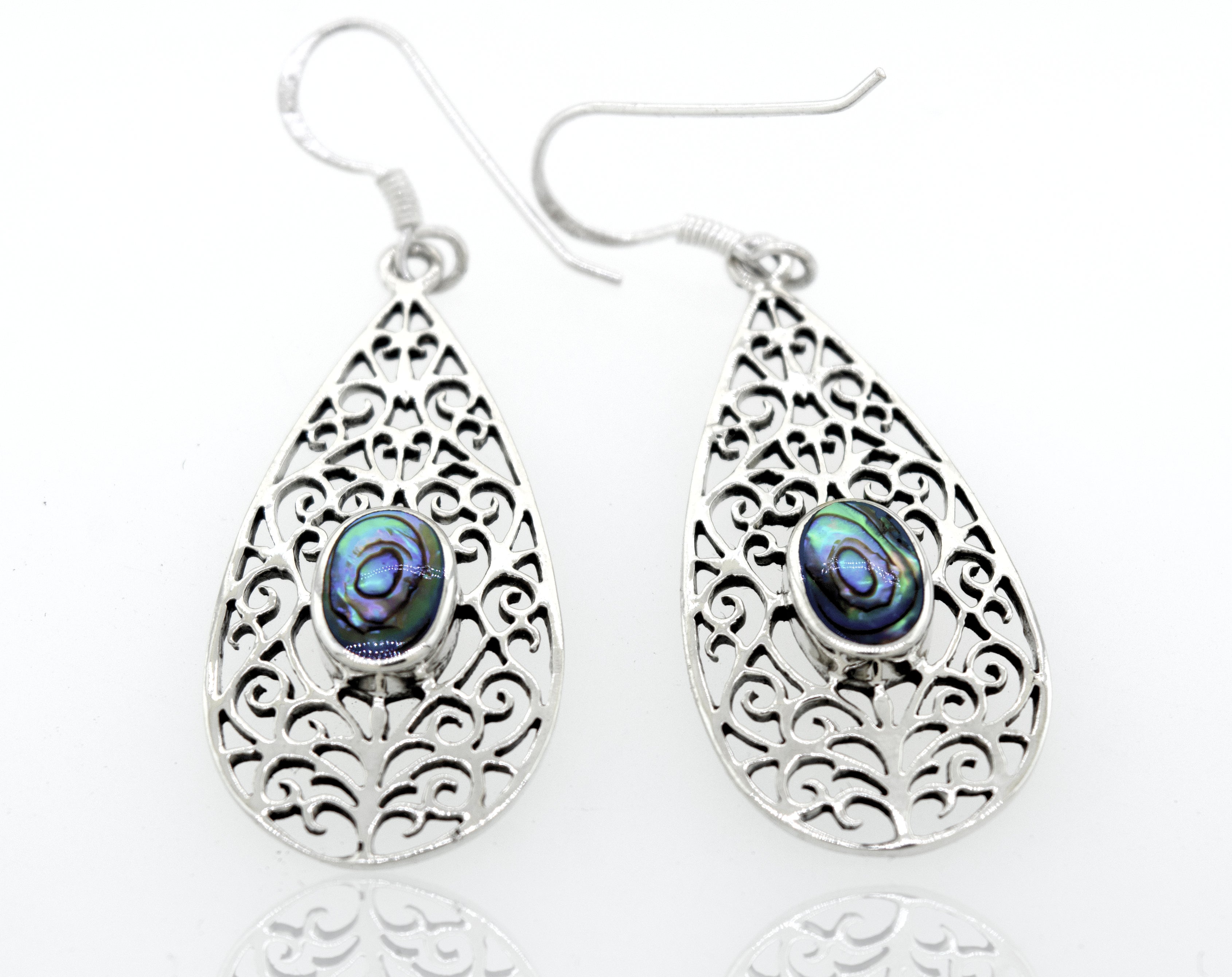 A pair of Elegant Teardrop Shape Abalone Earrings crafted from Super Silver.