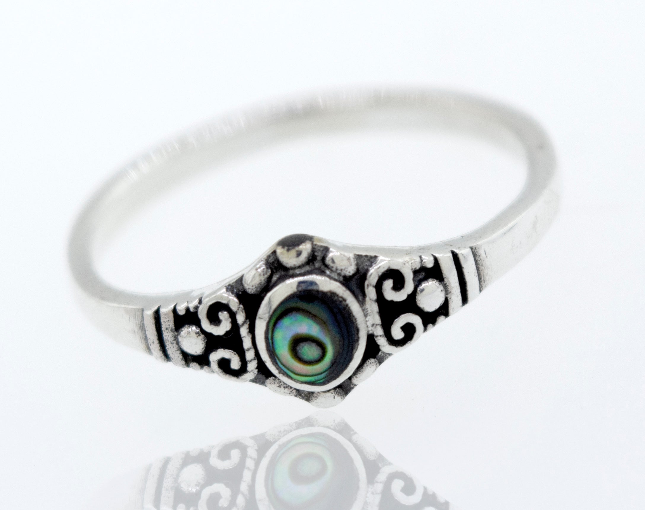 A chic Super Silver Dainty Inlaid Stone Ring With Silver Beads and Swirls with an abalone shell and vintage charm.