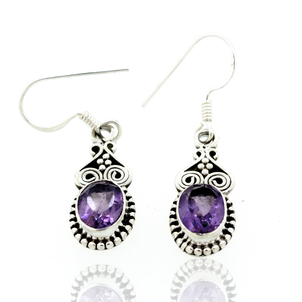 Oval Amethyst Earrings With Ball Border by Super Silver.