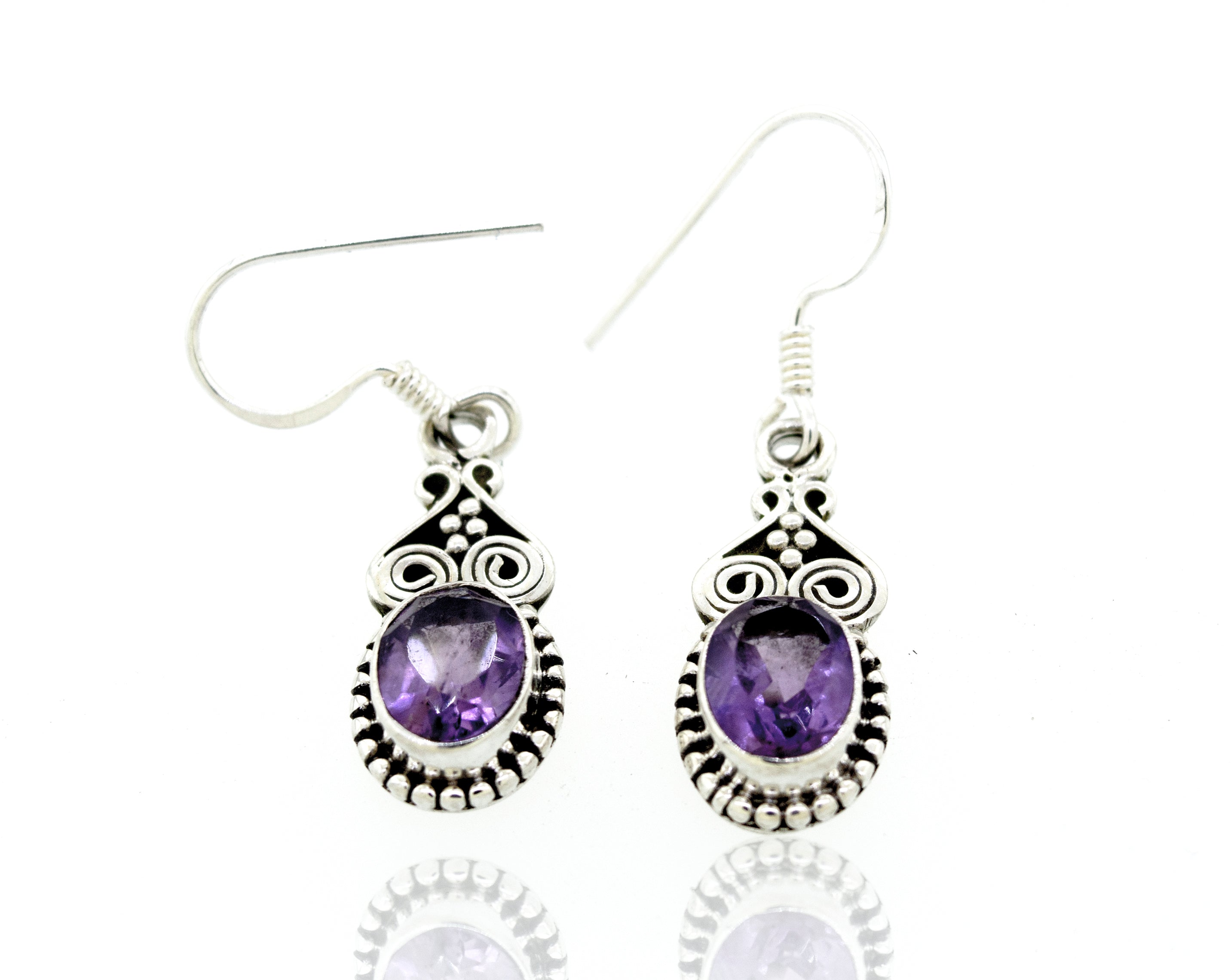 Oval Amethyst Earrings With Ball Border by Super Silver.