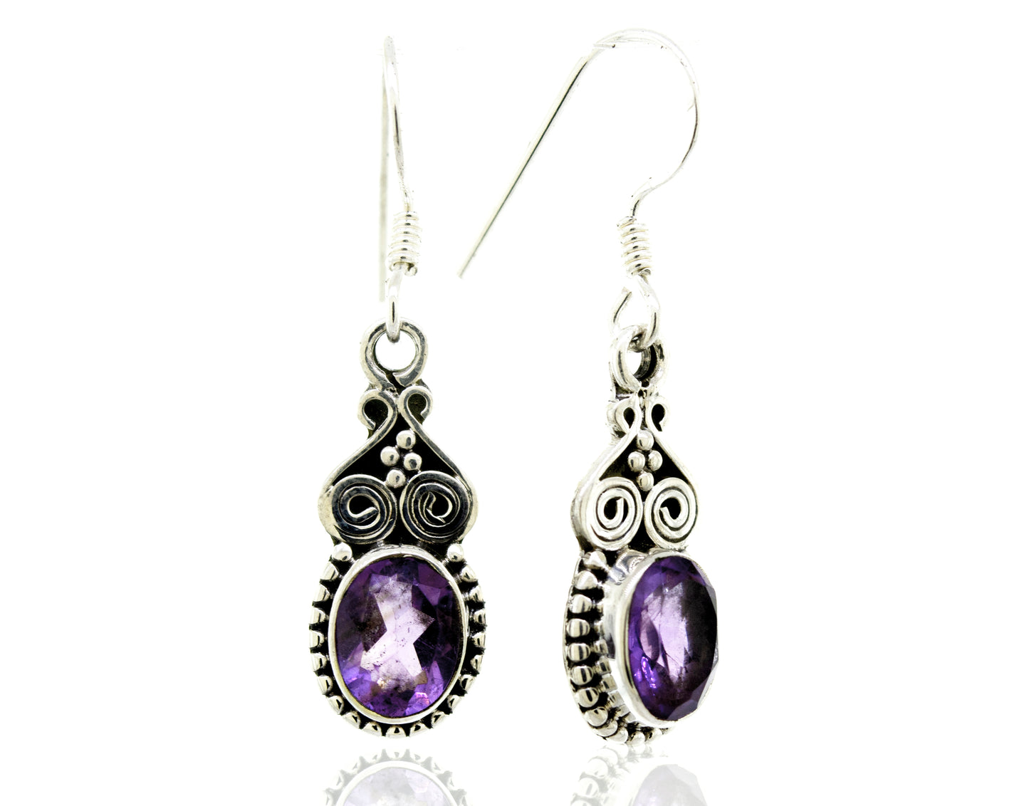A pair of Super Silver Oval Amethyst Earrings With Ball Border.