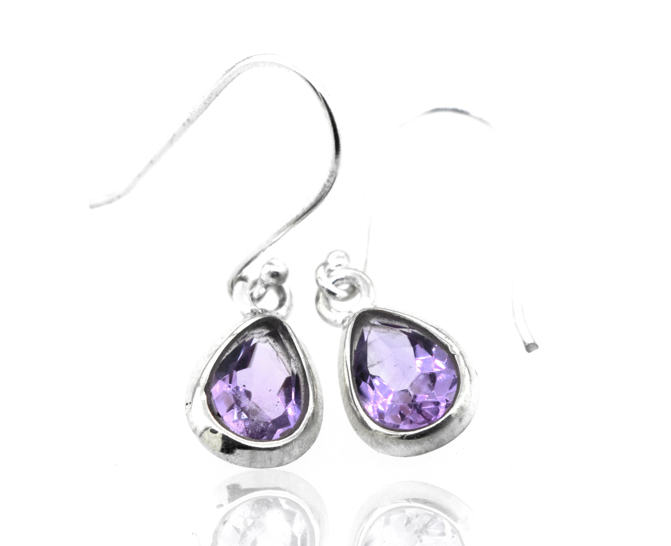 The Super Silver brand frames these elegant Simple Teardrop Shape Amethyst Earrings with a beautiful facet cut stone.