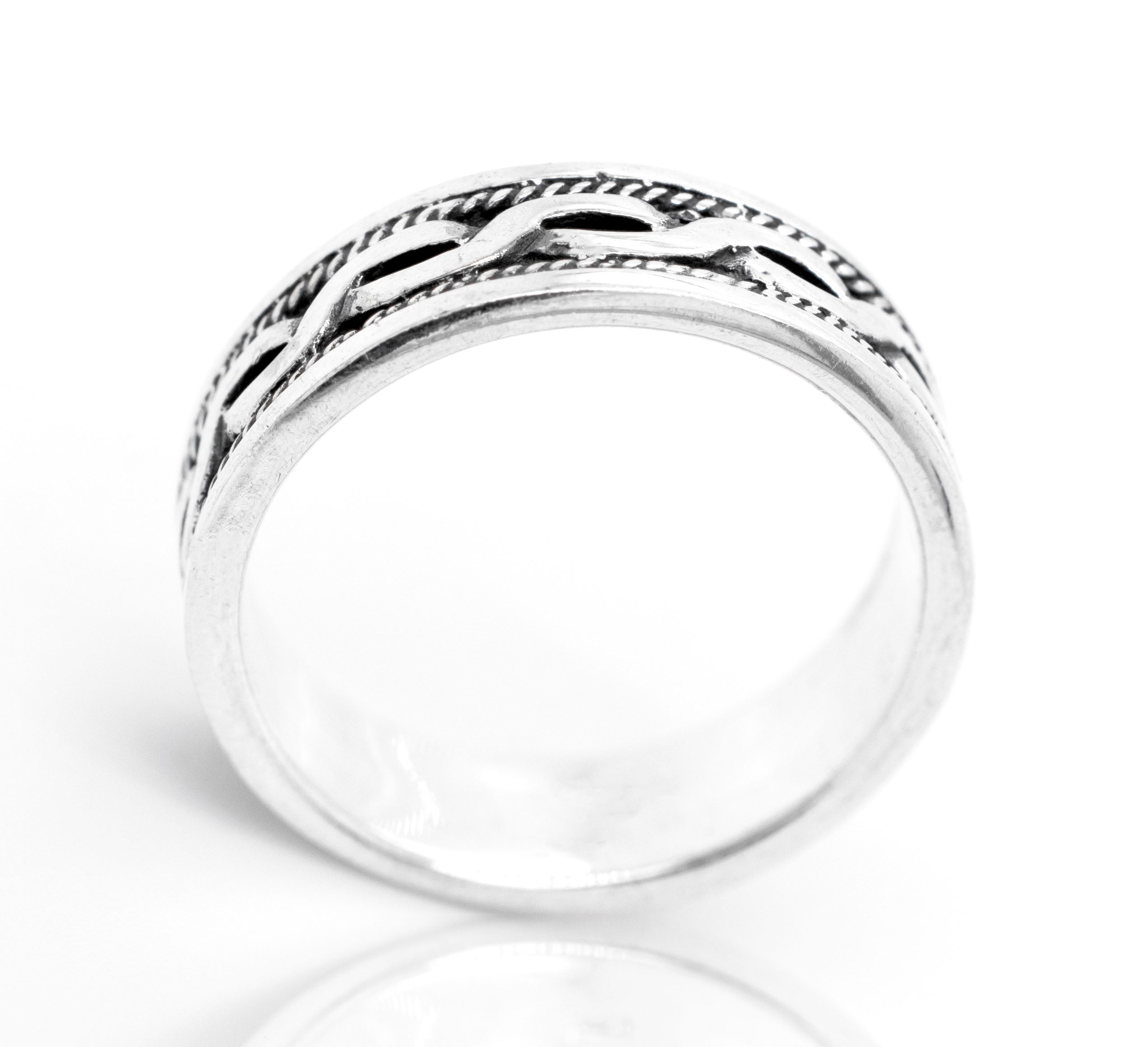 An intricate Celtic design adorns this Braided Rope Band.