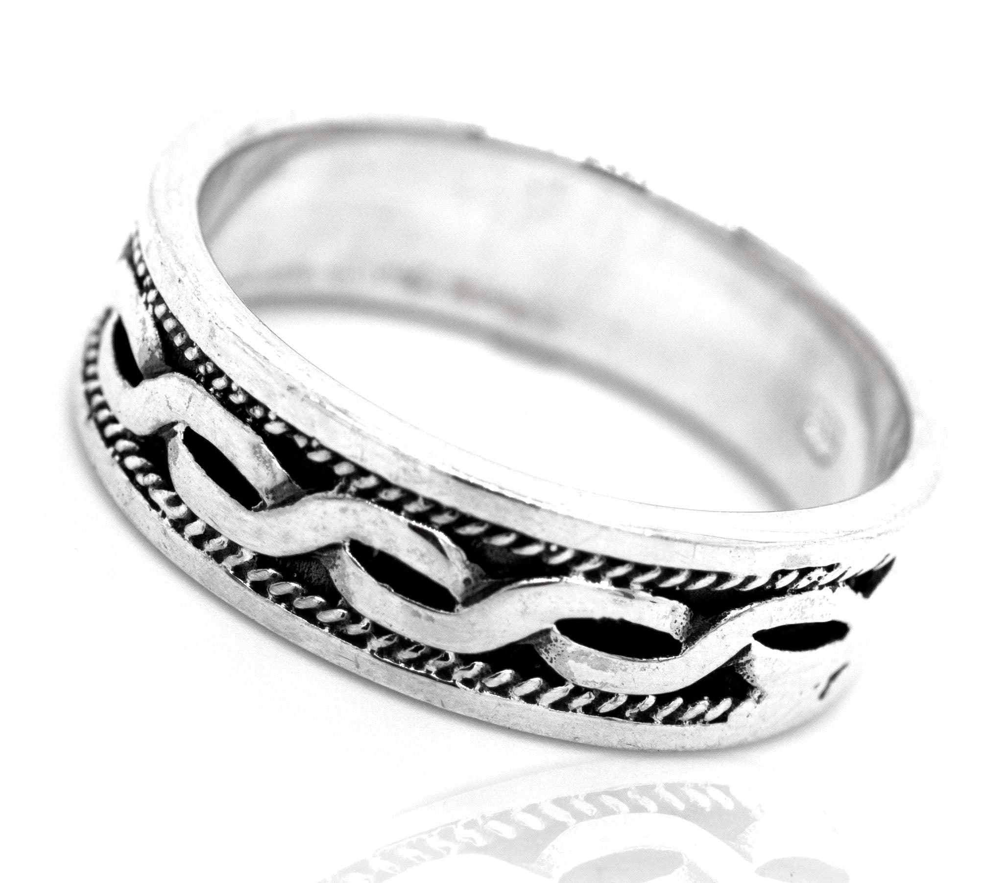 A sterling silver ring with a Braided Rope Band, perfect for engagement or as a mens accessory.
