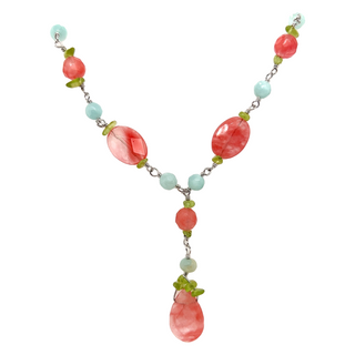 A Super Silver Beaded Multicolor Y-necklace with pink, green, and blue beaded stones.