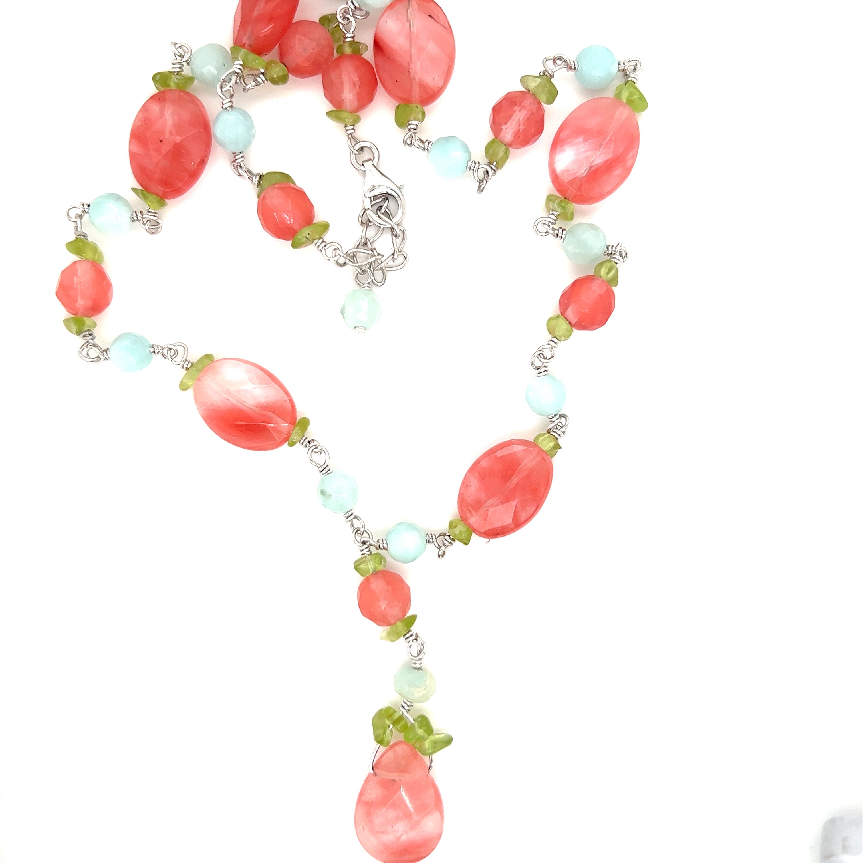 A Super Silver Beaded Multicolor Y-necklace adorned with pink, green and blue beads.