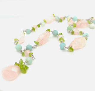 A Super Silver Beaded Multicolor Y-necklace with pink, green and blue stones.