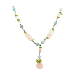 
                  
                    A Beaded Multicolor Y-necklace with pink and green stones by Super Silver.
                  
                