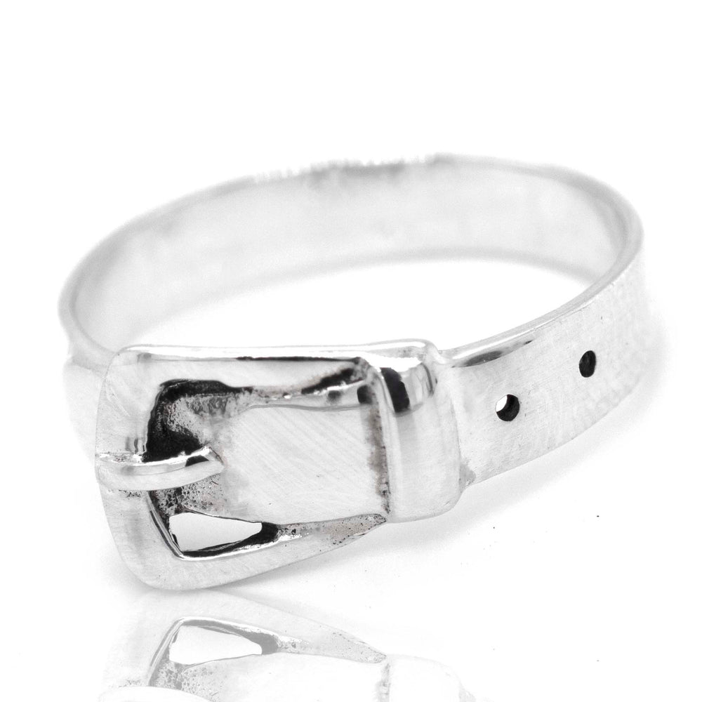 A sterling silver Belt Ring with a buckle on it, designed in the shape of a belt.