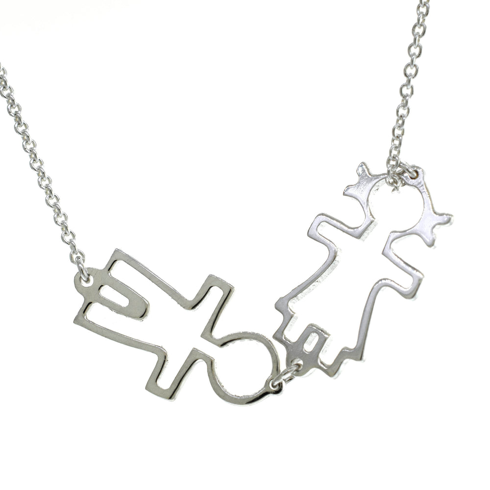 A Super Silver Little Humans Necklace with two figures symbolizing love.