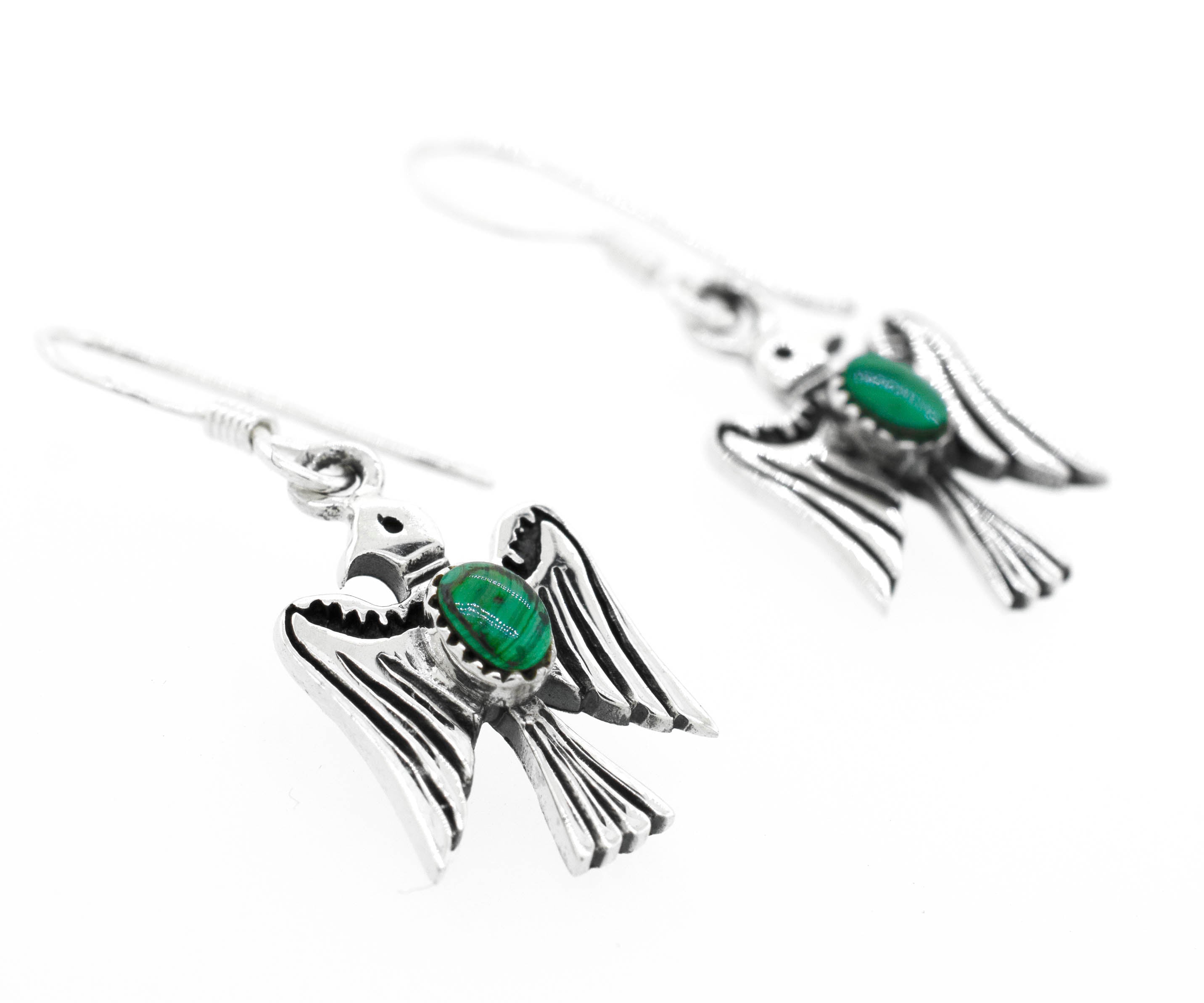 Super Silver's Malachite Thunderbird Earrings with green malachite stones are inspired by Native American culture.
