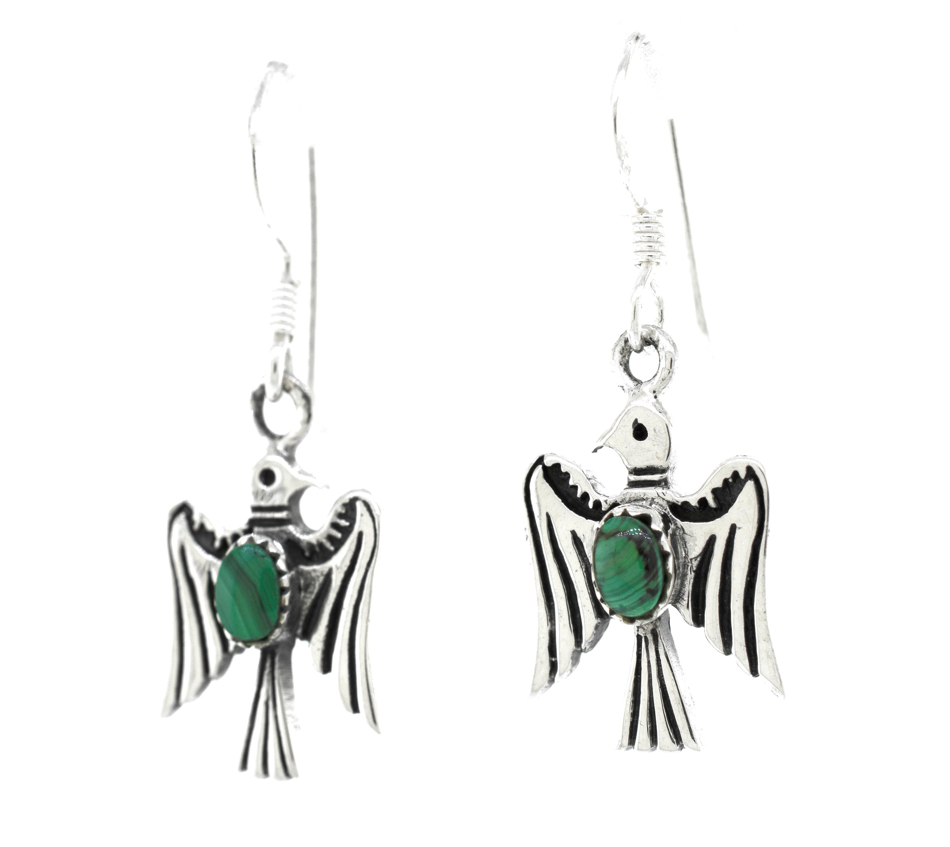 A pair of Super Silver Malachite Thunderbird Earrings.