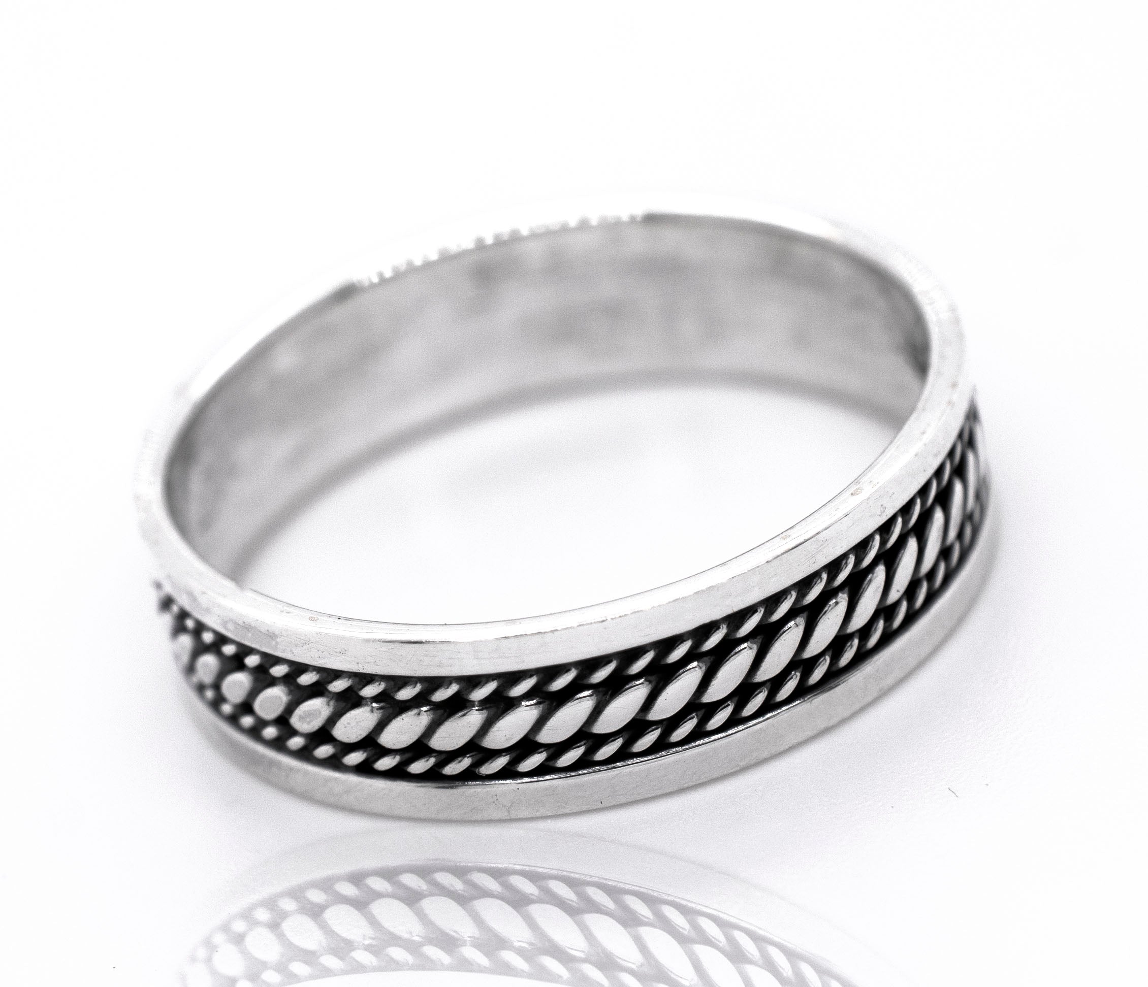 A wide silver Band with Etched Rope Pattern, perfect for everyday wear.