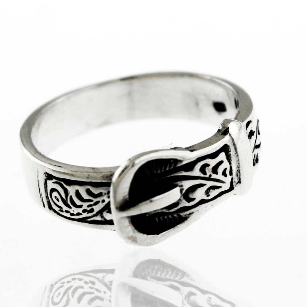 A Silver Belt Ring with Design with a freestyle etching design.