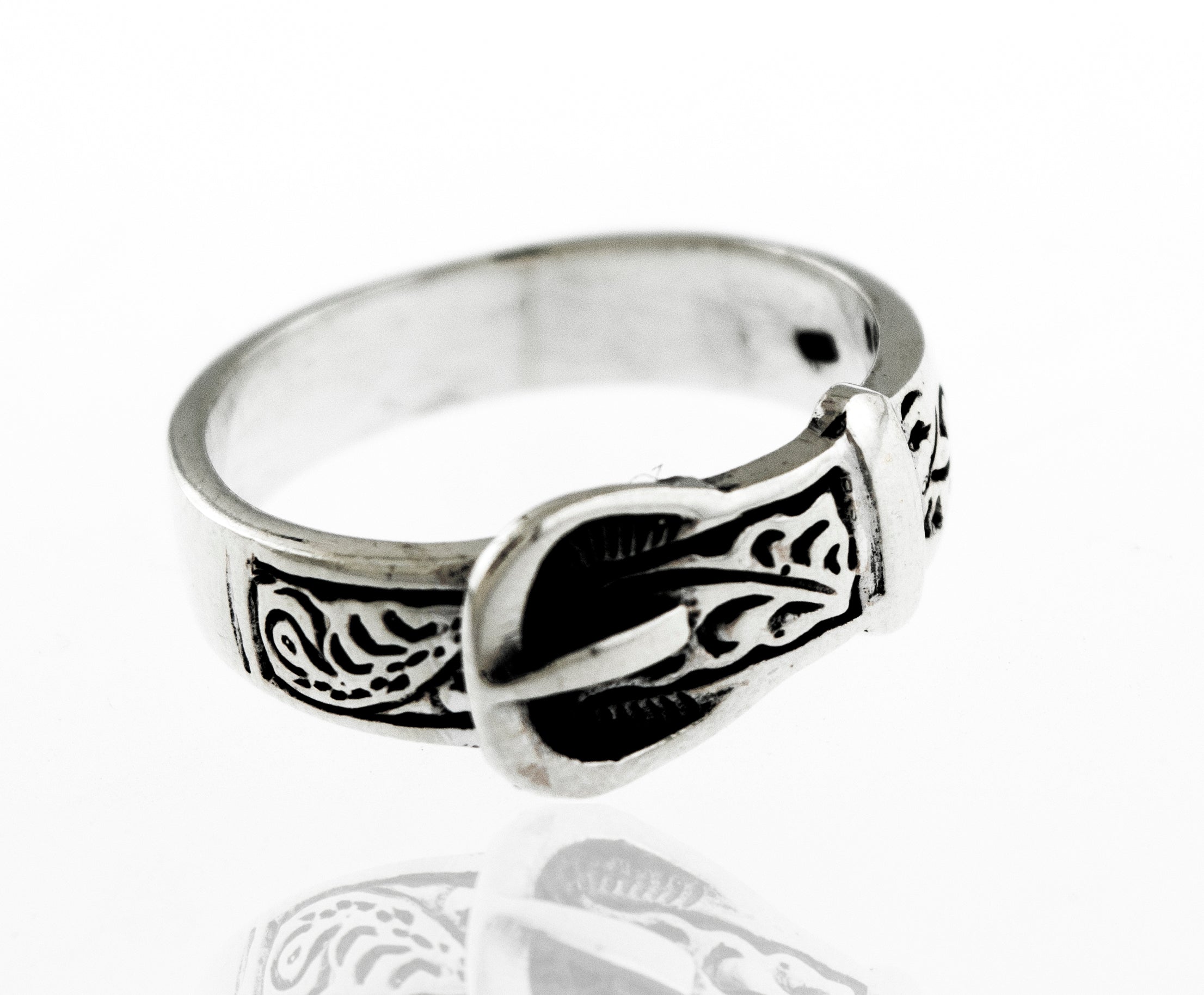 A Silver Belt Ring with Design with a freestyle etching design.