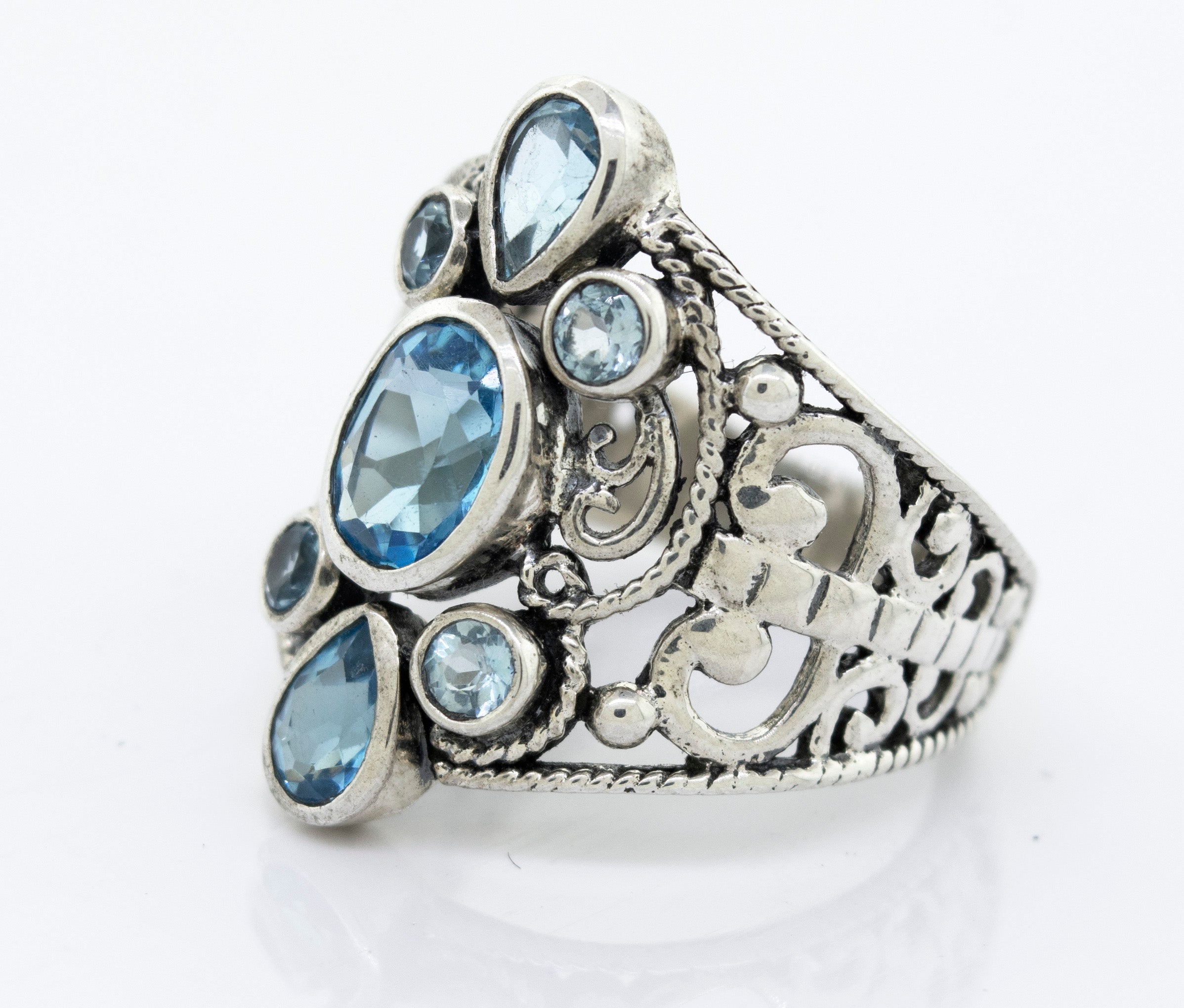 A Super Silver Blue Topaz Ring With Freestyle Design.