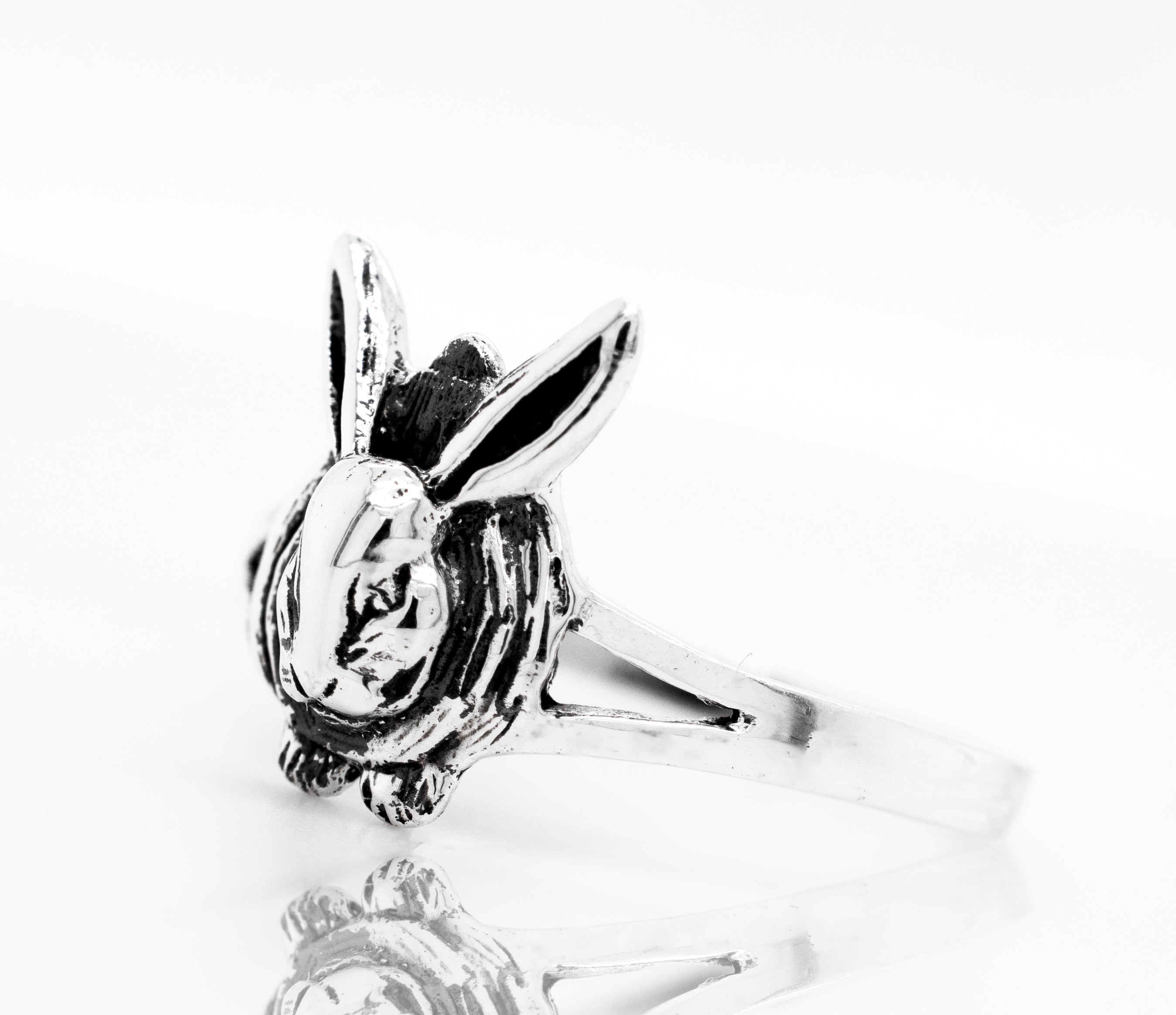 An oxidized sterling silver Rabbit Ring with a rabbit shape design by Super Silver.
