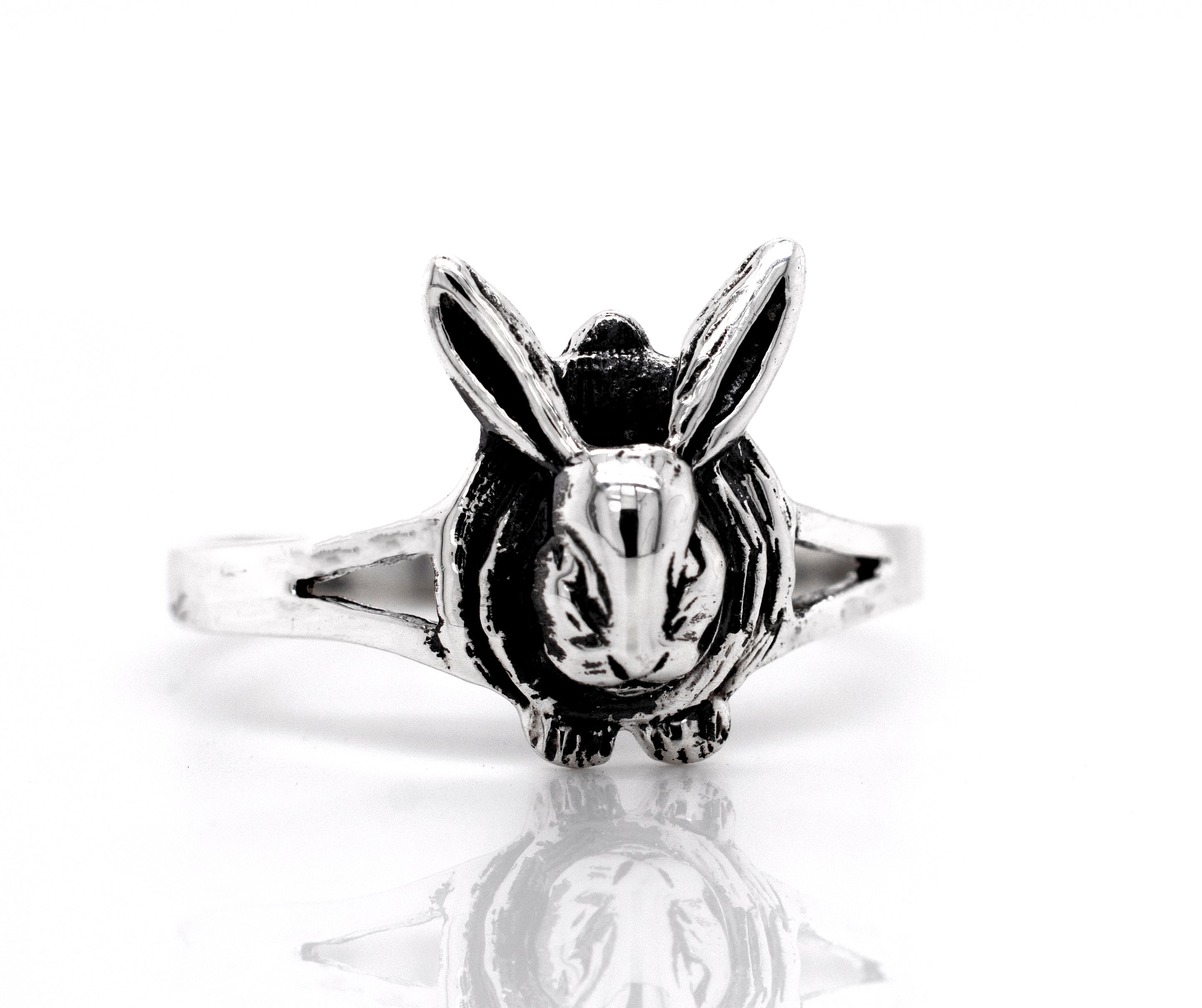 A Super Silver Rabbit Ring with a sterling silver rabbit shape design.