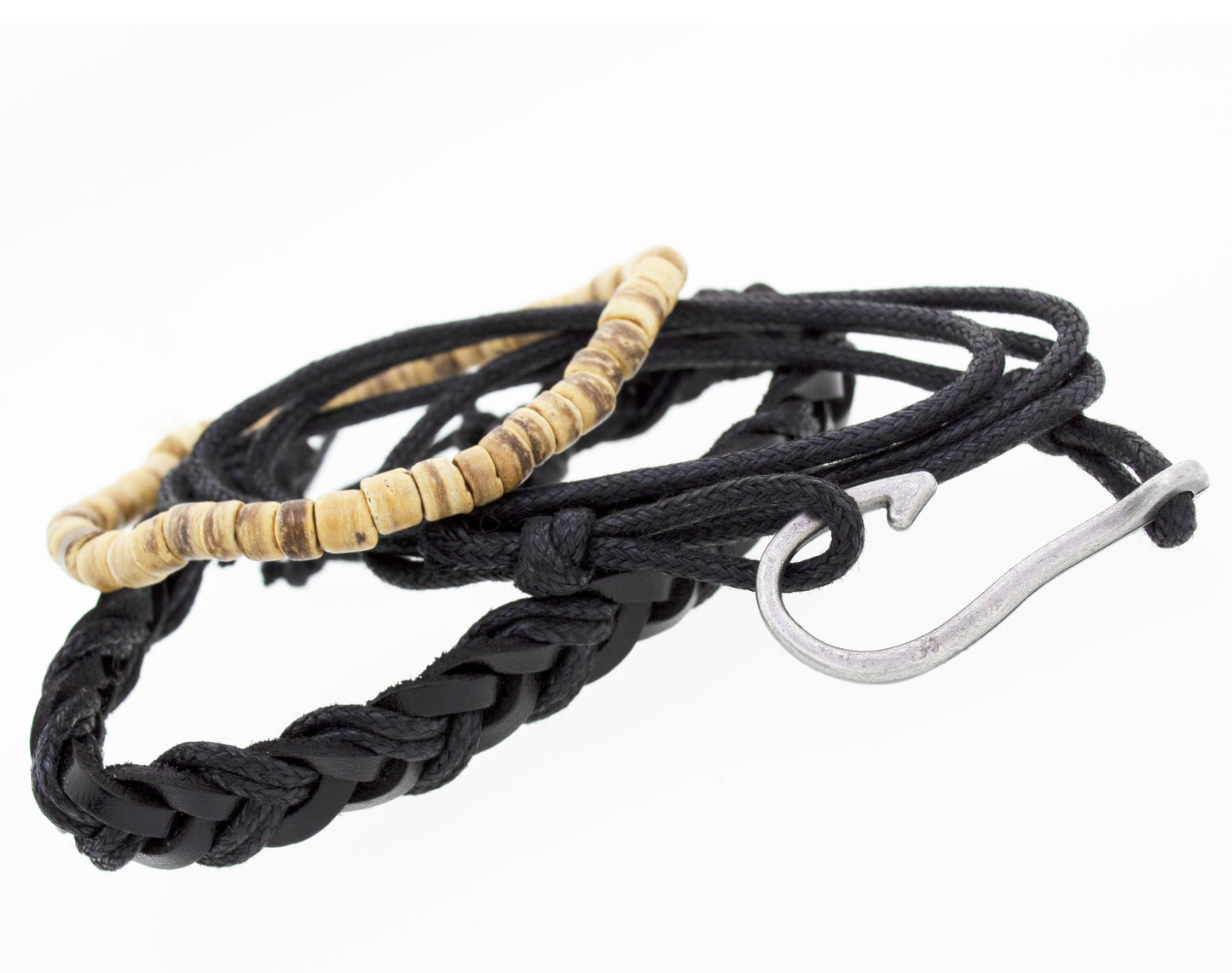 A Three Bracelet Set with a wooden hook and faux leather accents.