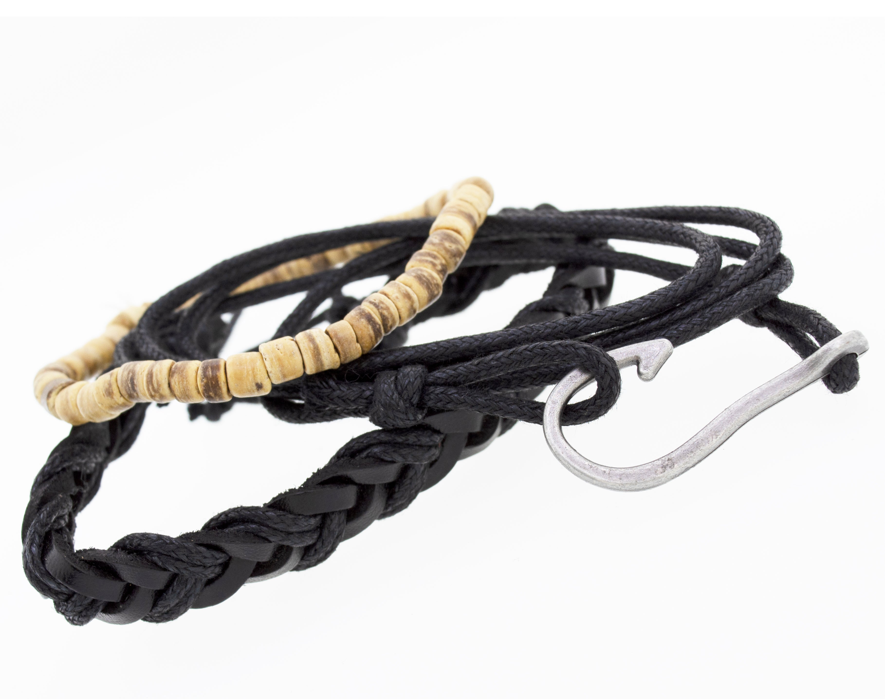 A Three Bracelet Set with a wooden hook and faux leather accents.