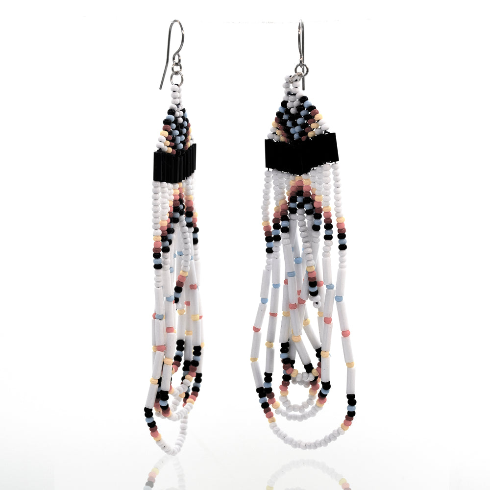 A pair of Super Silver Handmade Multi-Stone Beaded Dangle Earrings in black and white, crafted with surgical steel hooks, displayed on a white surface.