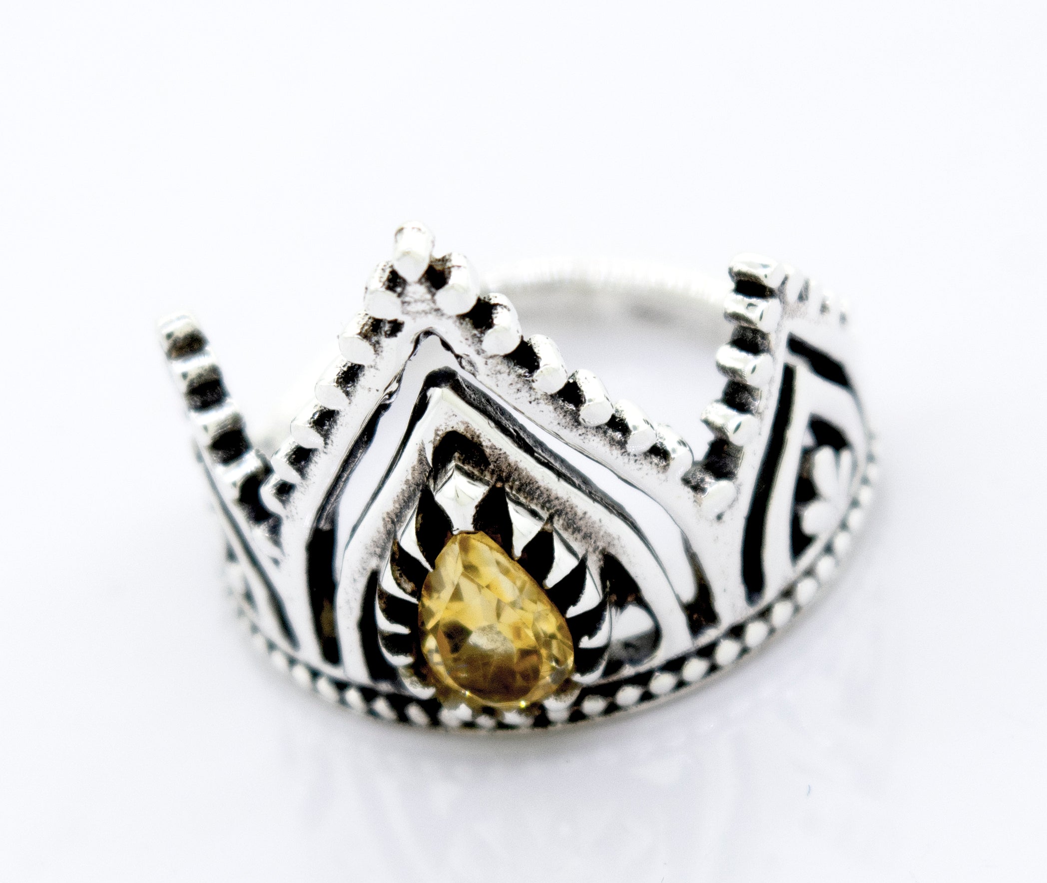 A Super Silver Sterling Silver Crown Ring With Teardrop Shape Citrine.