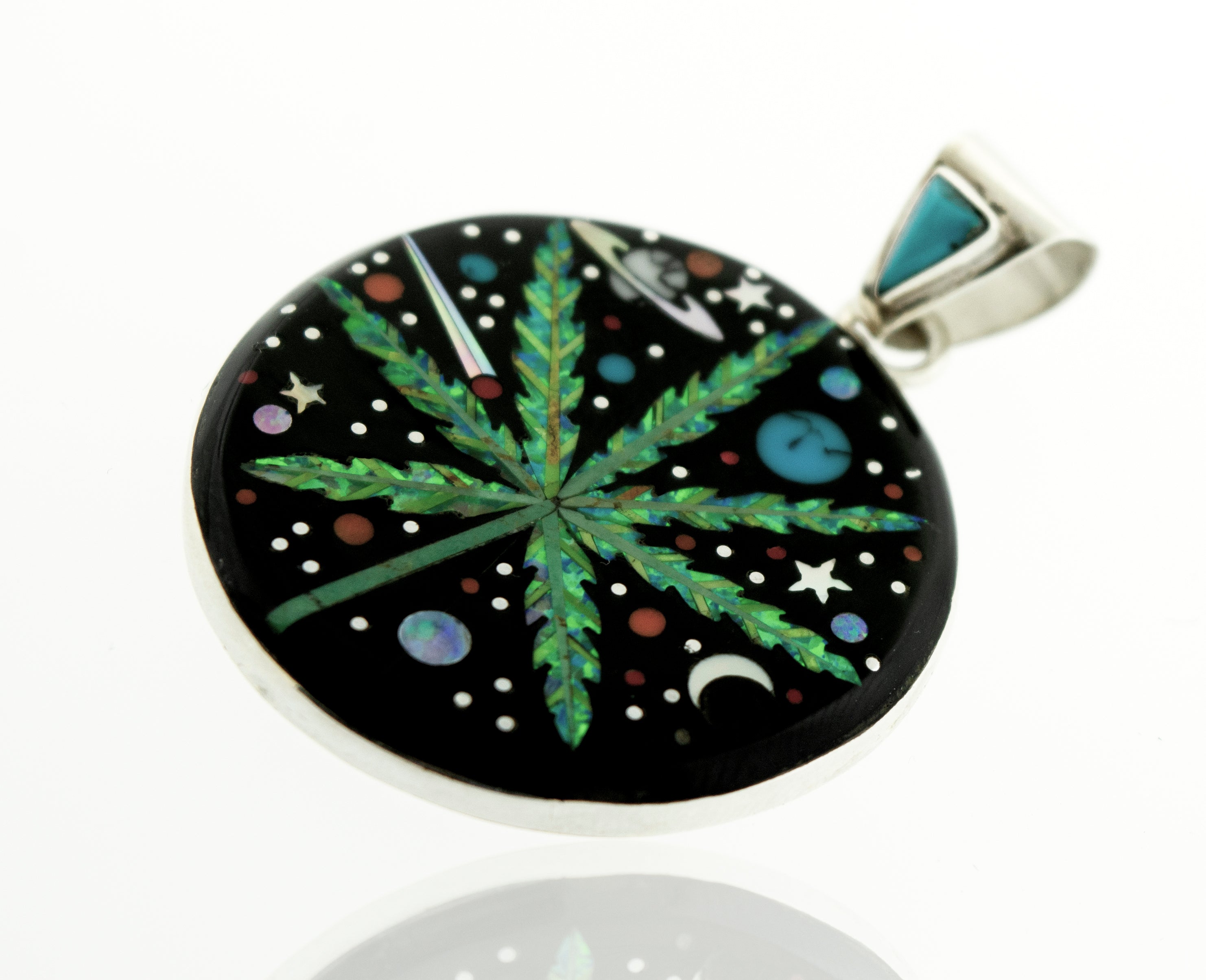 A Handcrafted Mary Jane Outer space Pendant featuring a marijuana leaf in a space-inspired design, from the brand Super Silver.