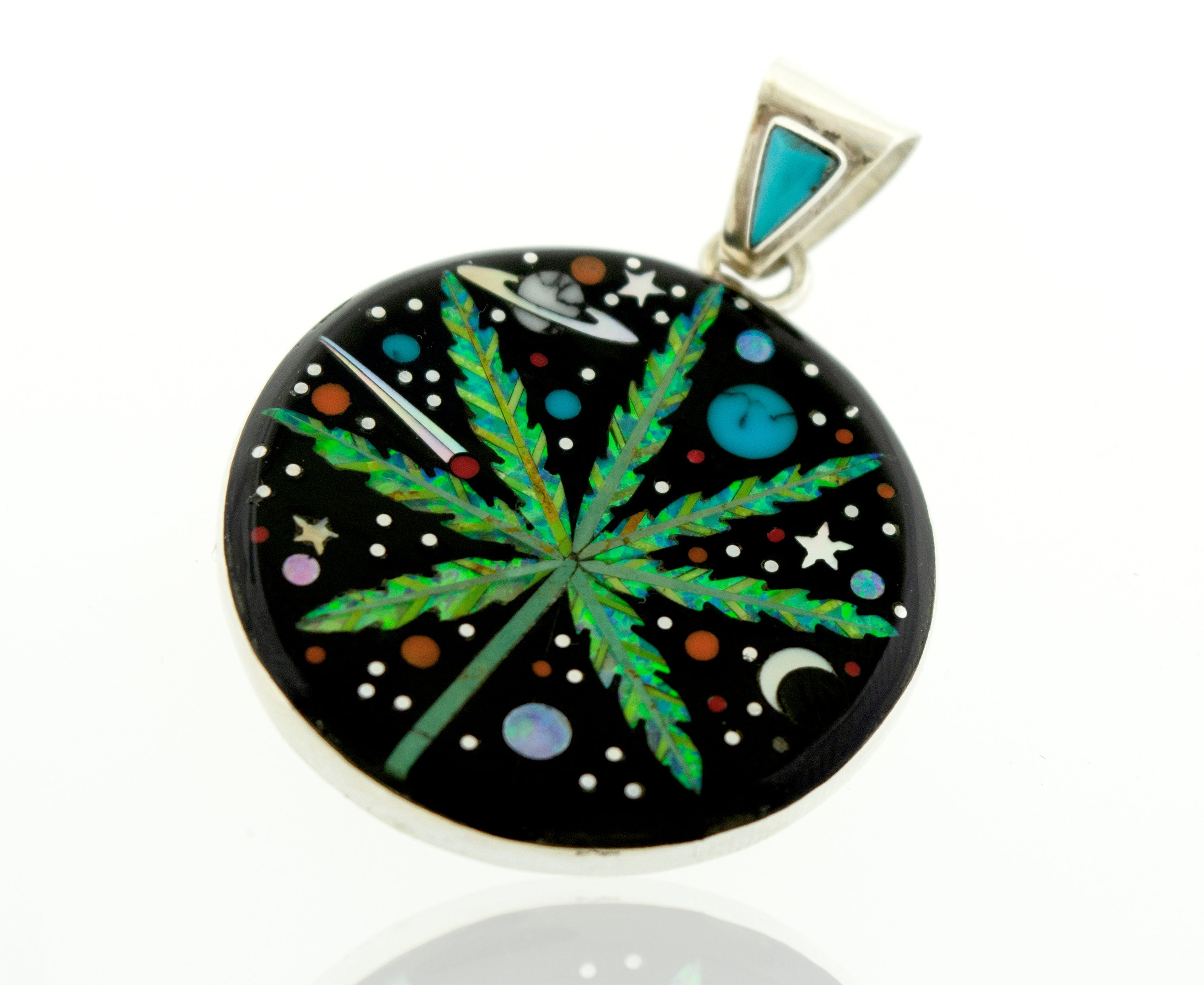 A black and white Handcrafted Mary Jane Outer space Pendant with a marijuana leaf on it in a psychedelic space design by Super Silver.