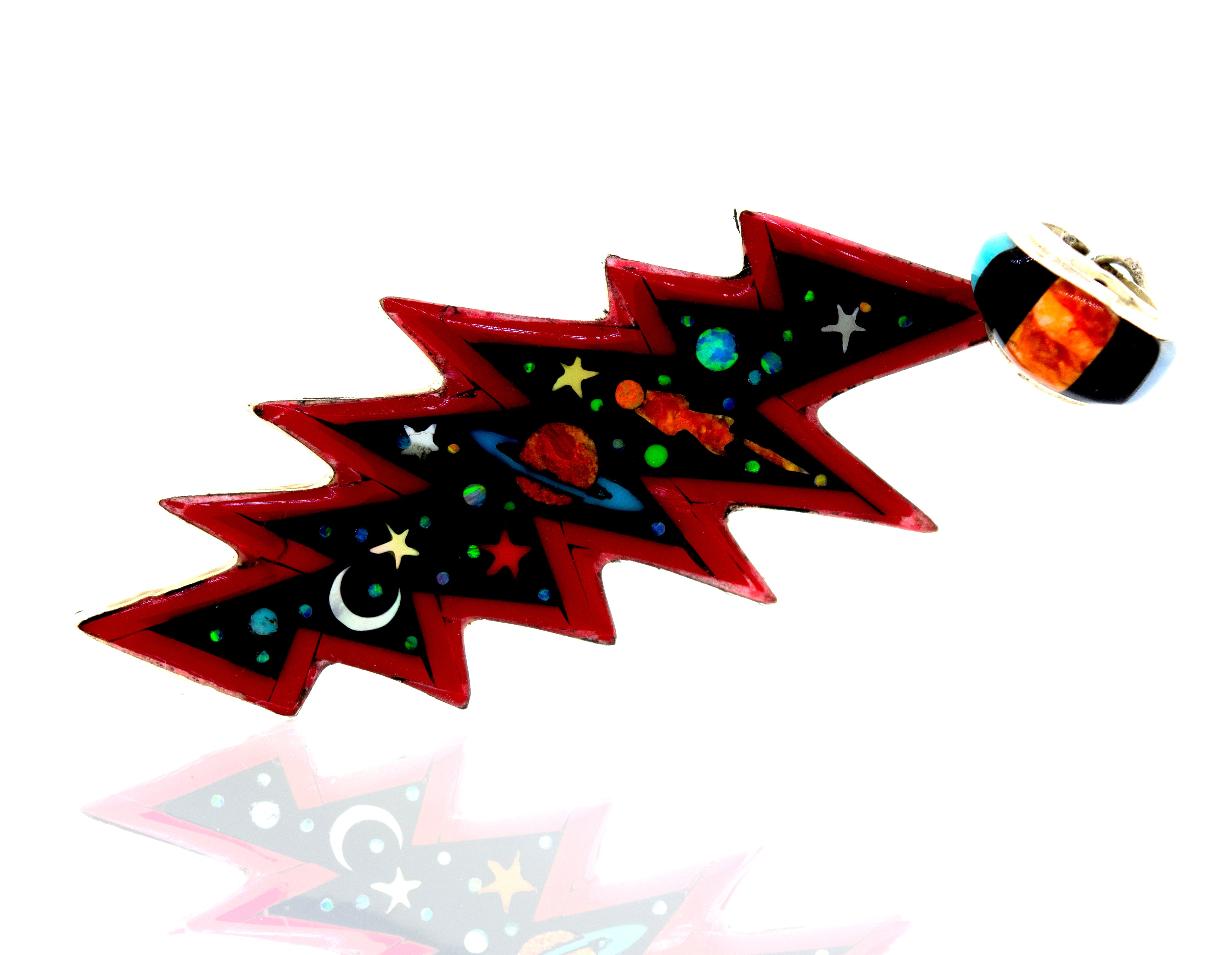 A Super Silver Beautiful Handmade Multi-Stone Pendant featuring a red Christmas tree adorned with stars and planets, crafted from high-quality .925 silver.