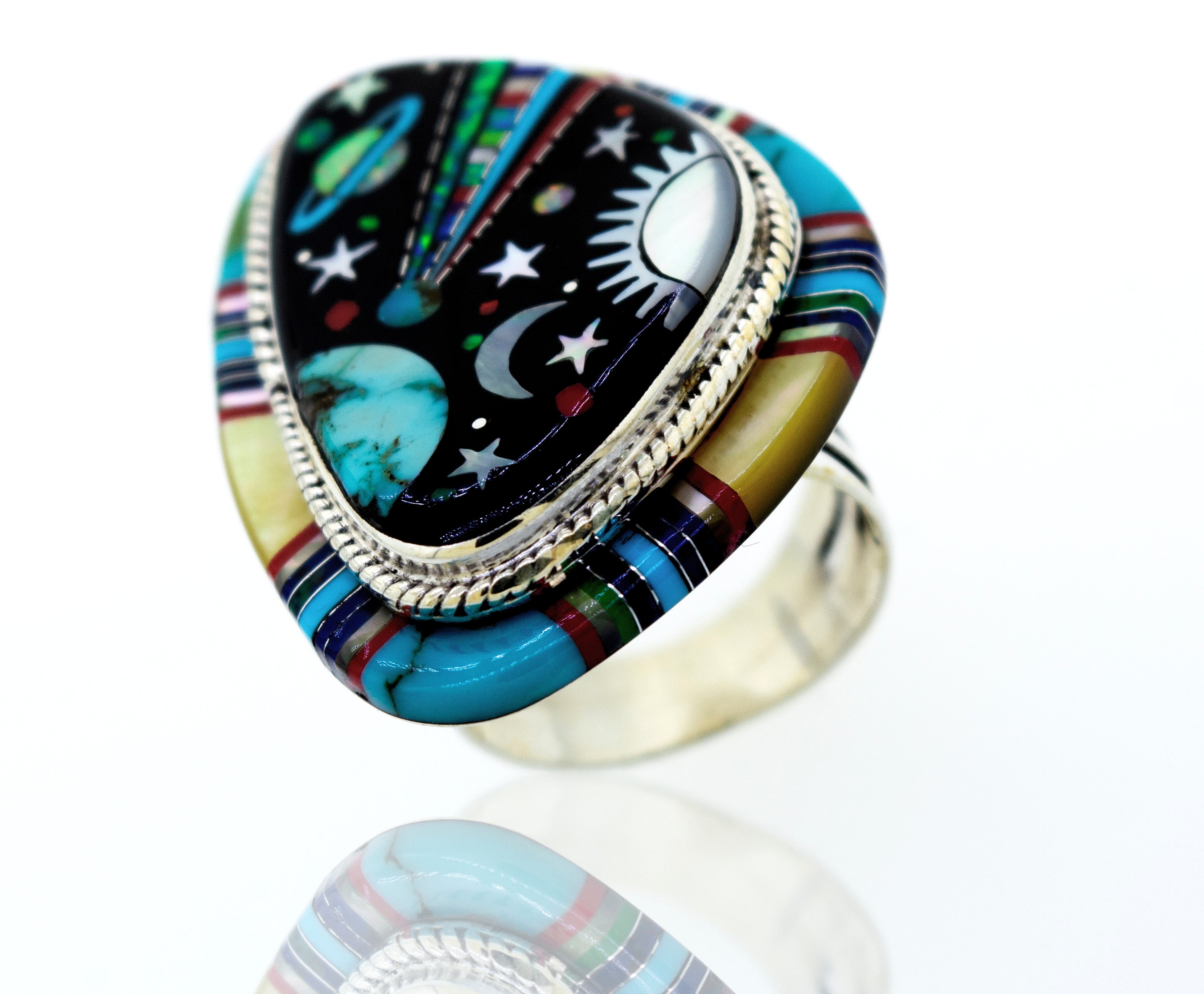 An Exquisite Handcrafted Outer Space Ring with a colorful design inspired by outer space, made by Super Silver.