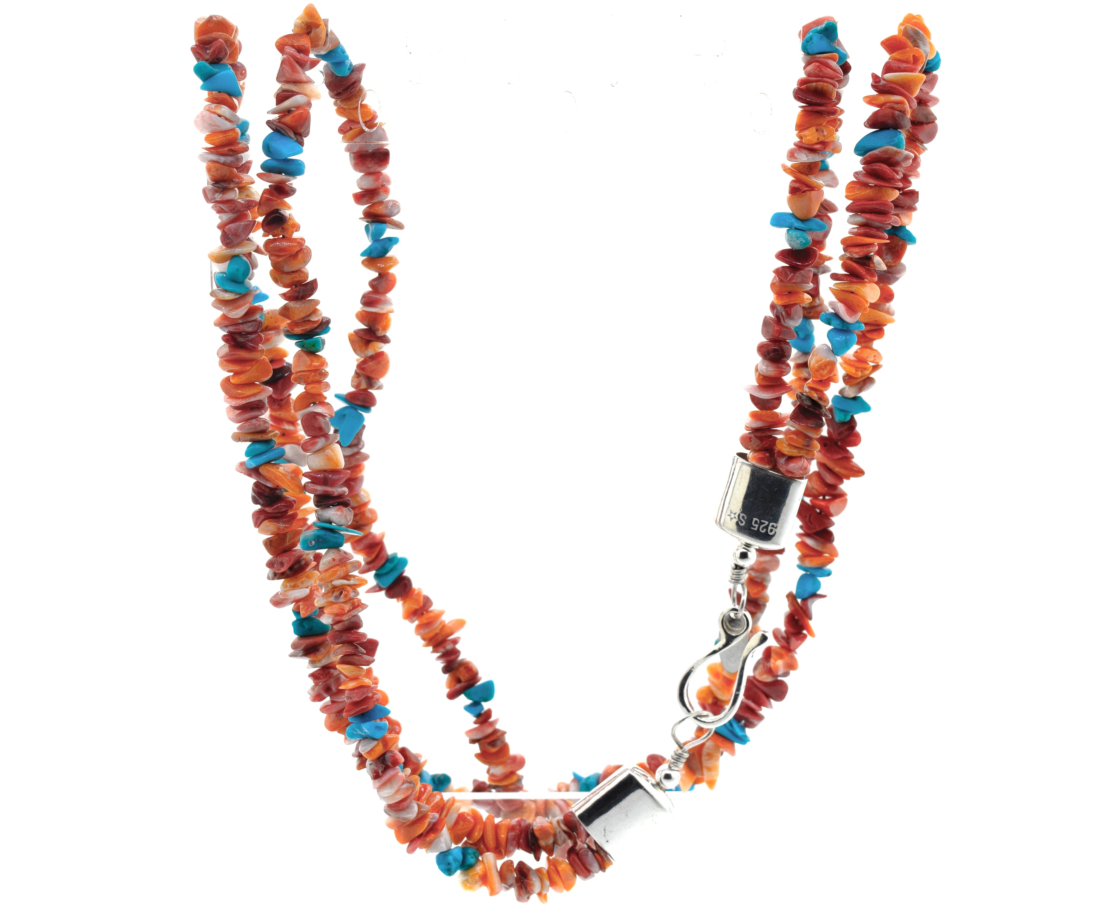 A Super Silver Handmade Spiny Oyster Shell and Turquoise Necklace with a silver clasp.