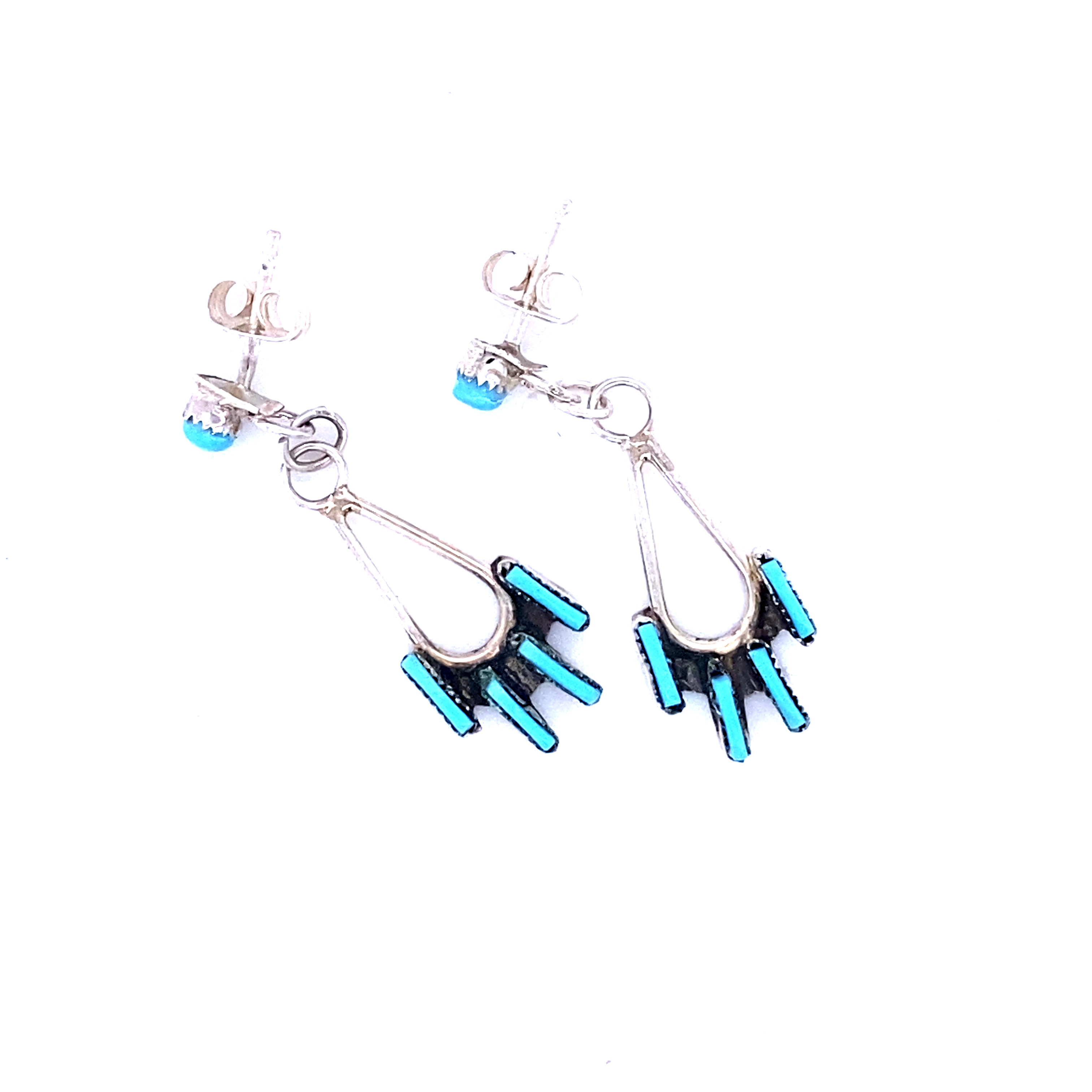 Handmade Super Silver delicate needlepoint Zuni turquoise earrings.