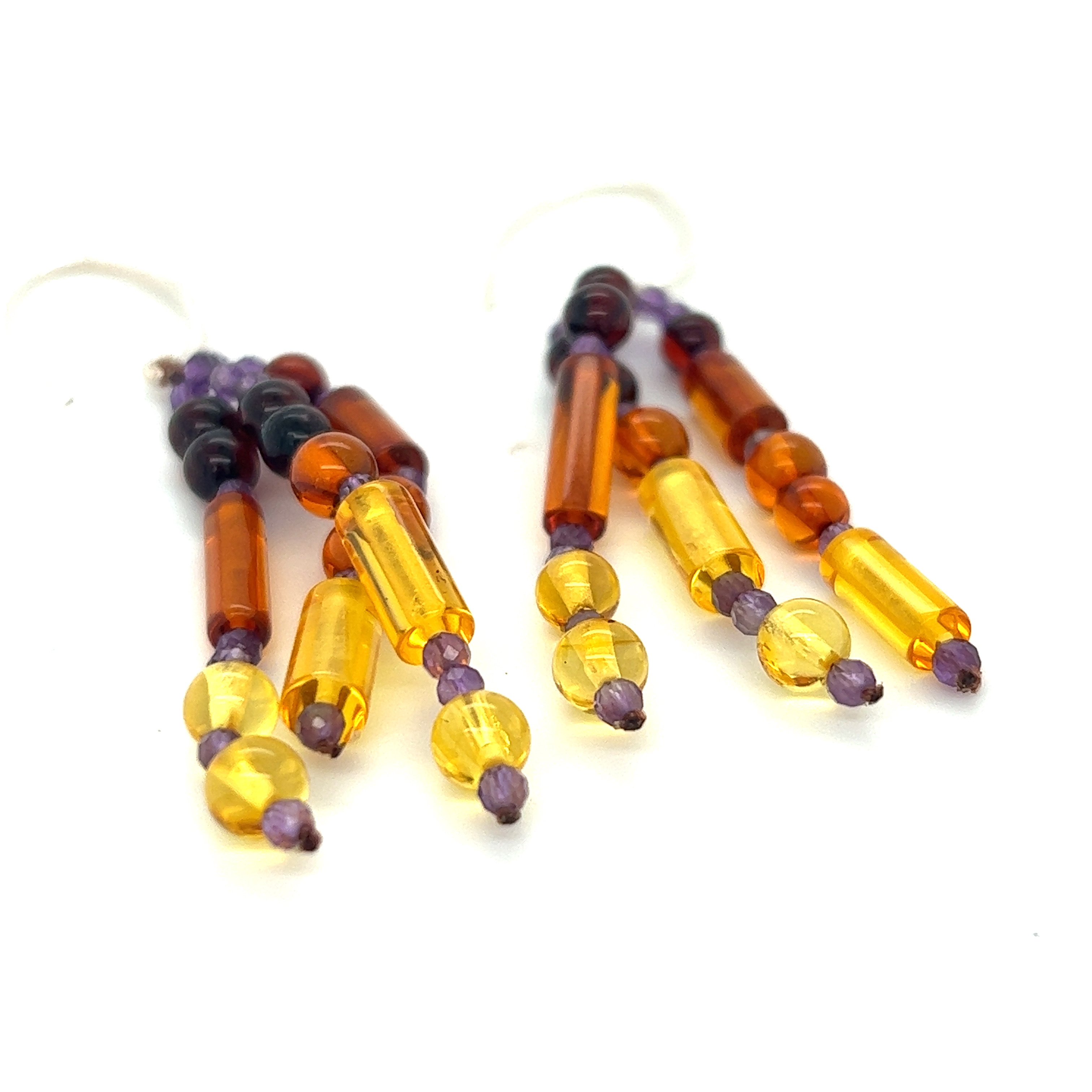 A pair of Gorgeous Baltic Amber and Amethyst Beaded Earrings by Super Silver with orange, yellow and purple beads.