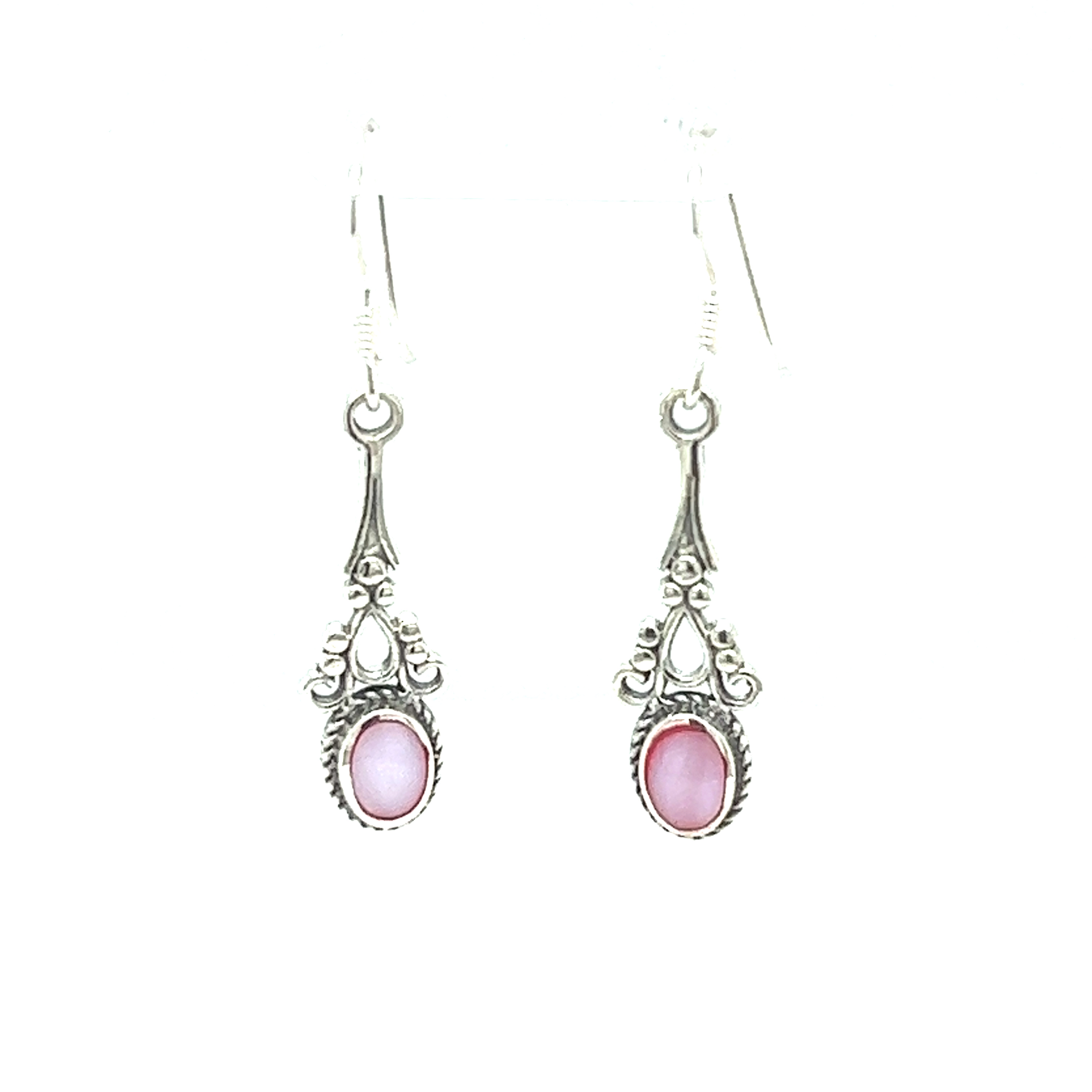 A pair of Oval Shaped Inlaid Stone Earrings with Delicate Vintage Setting by Super Silver, with silver-plated dangles.