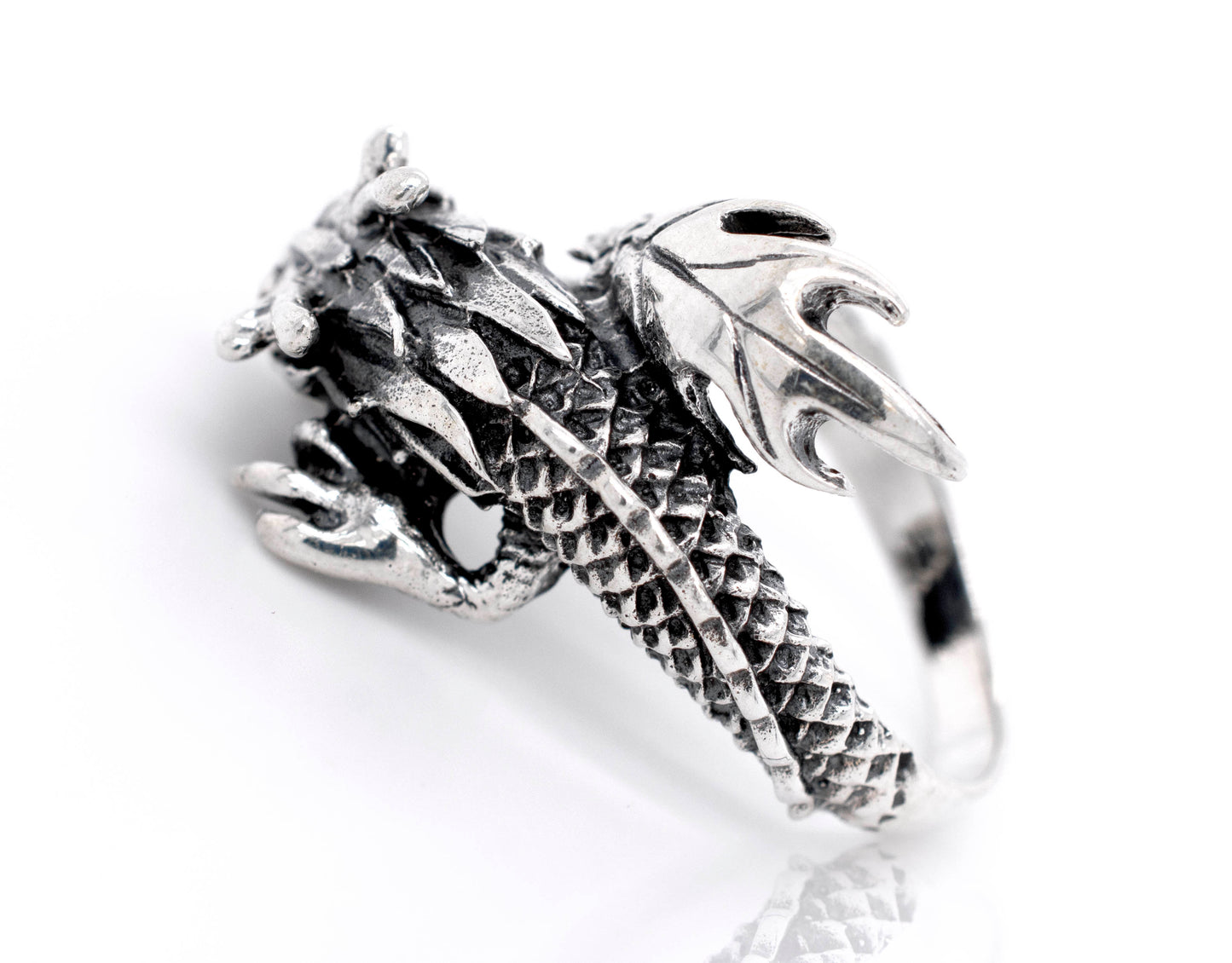 A Striking Silver Dragon Ring made of sterling silver.