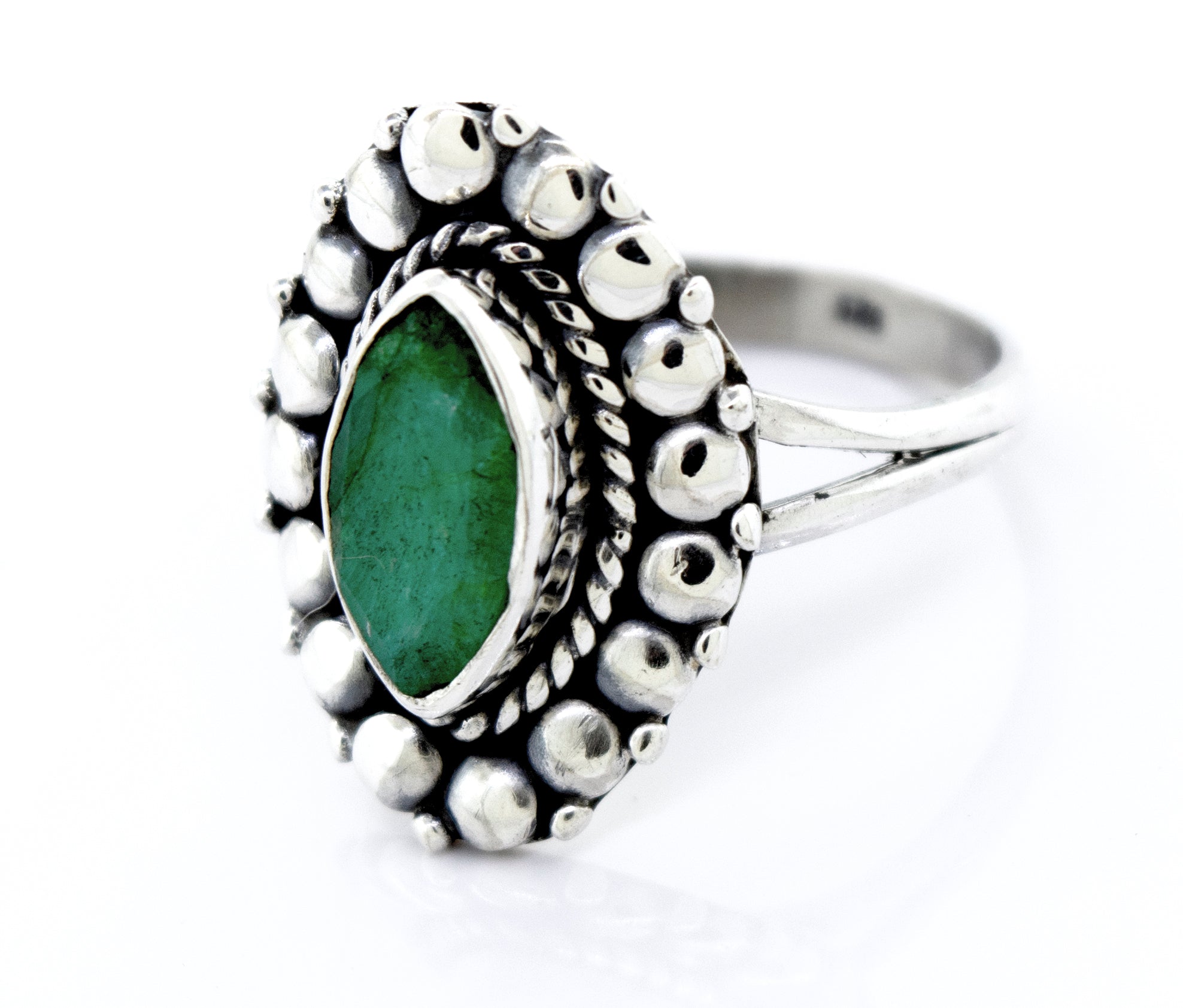 Marquise Shaped Vibrant Emerald Ring in Super Silver sterling silver.