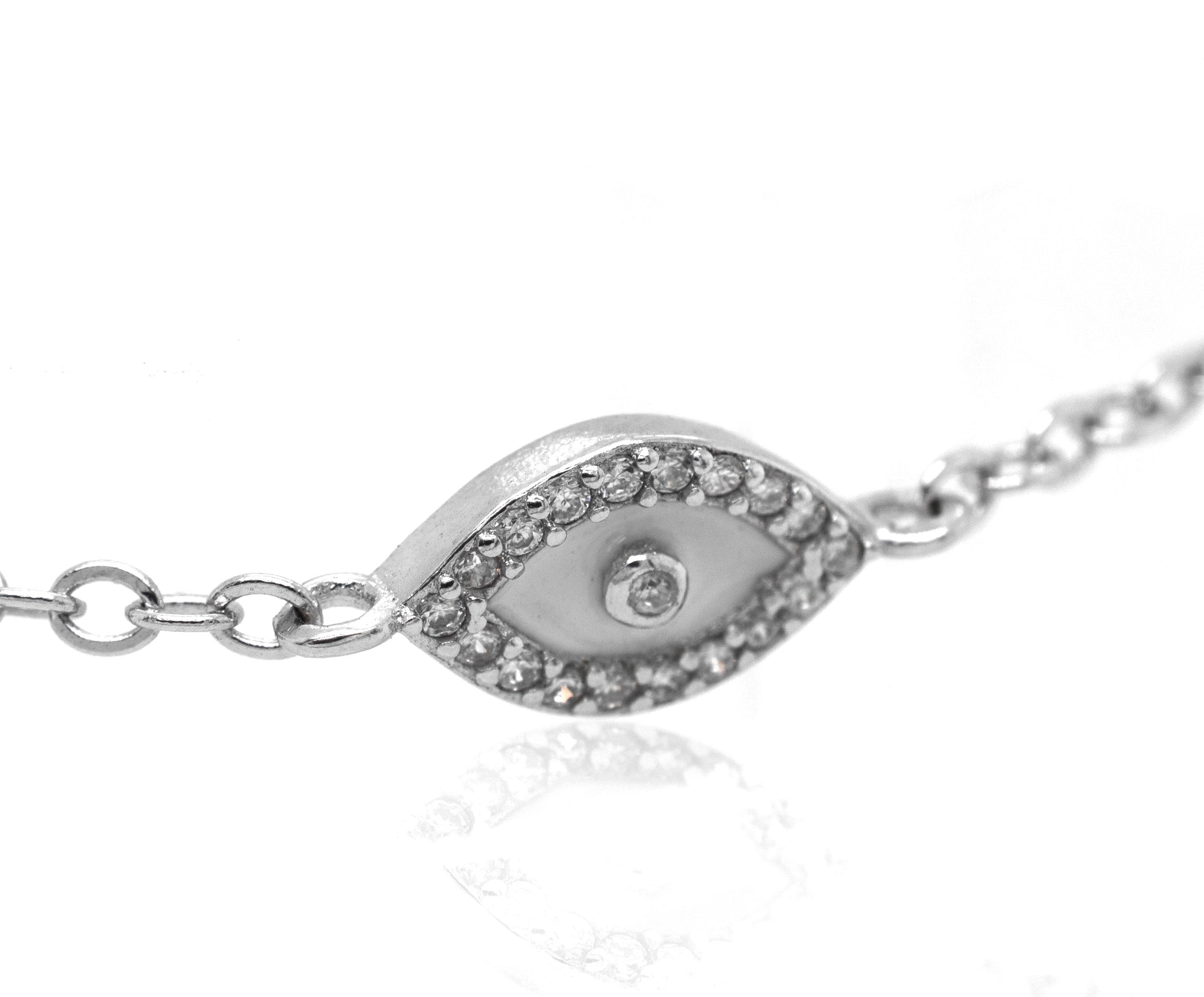 A Trendy Pave Cubic Zirconia Evil Eye Bracelet with cubic zirconia stones by Super Silver.