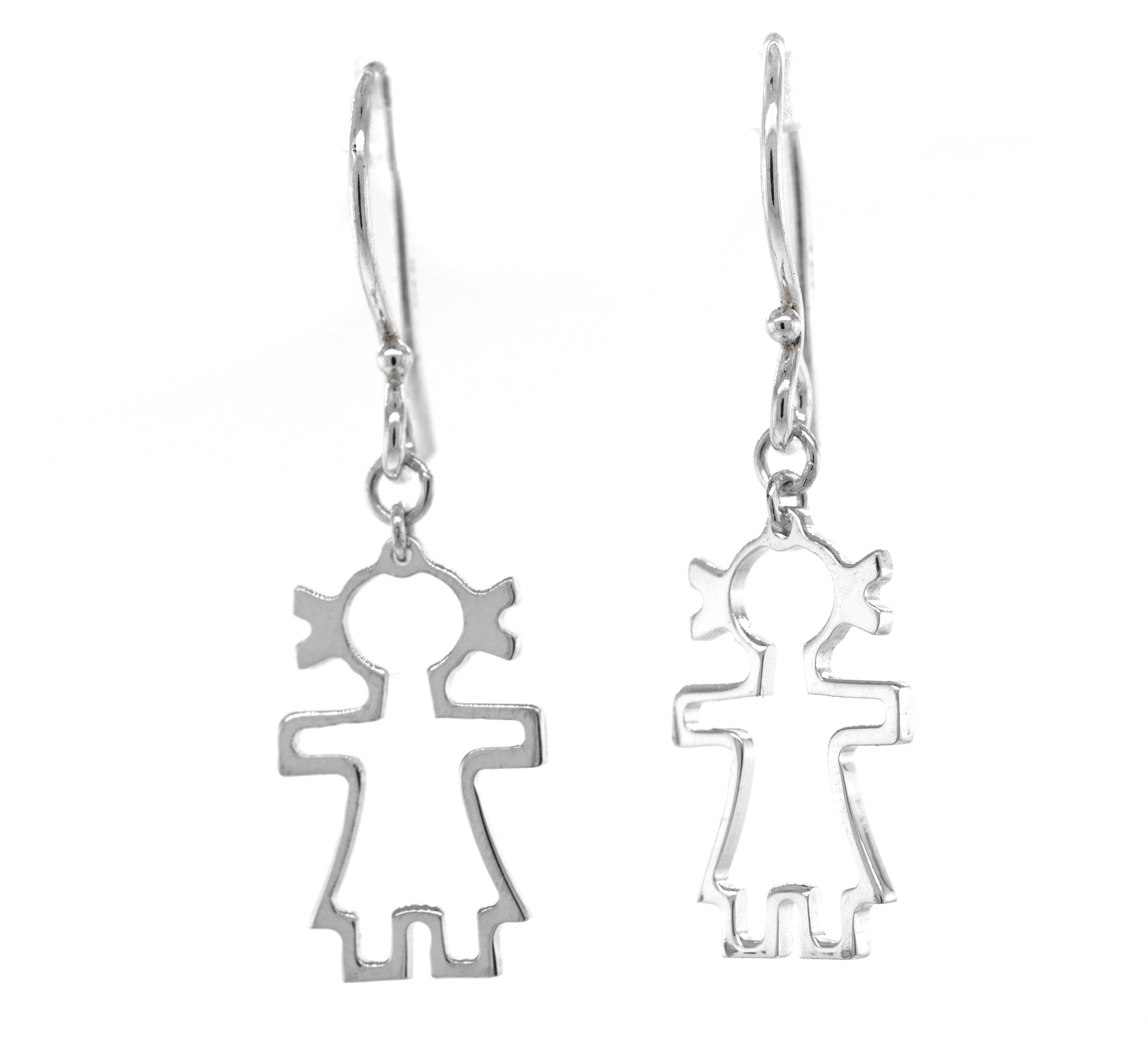A pair of Super Silver Little Woman Shaped Earrings, featuring a girl, symbolizing love and humanity.