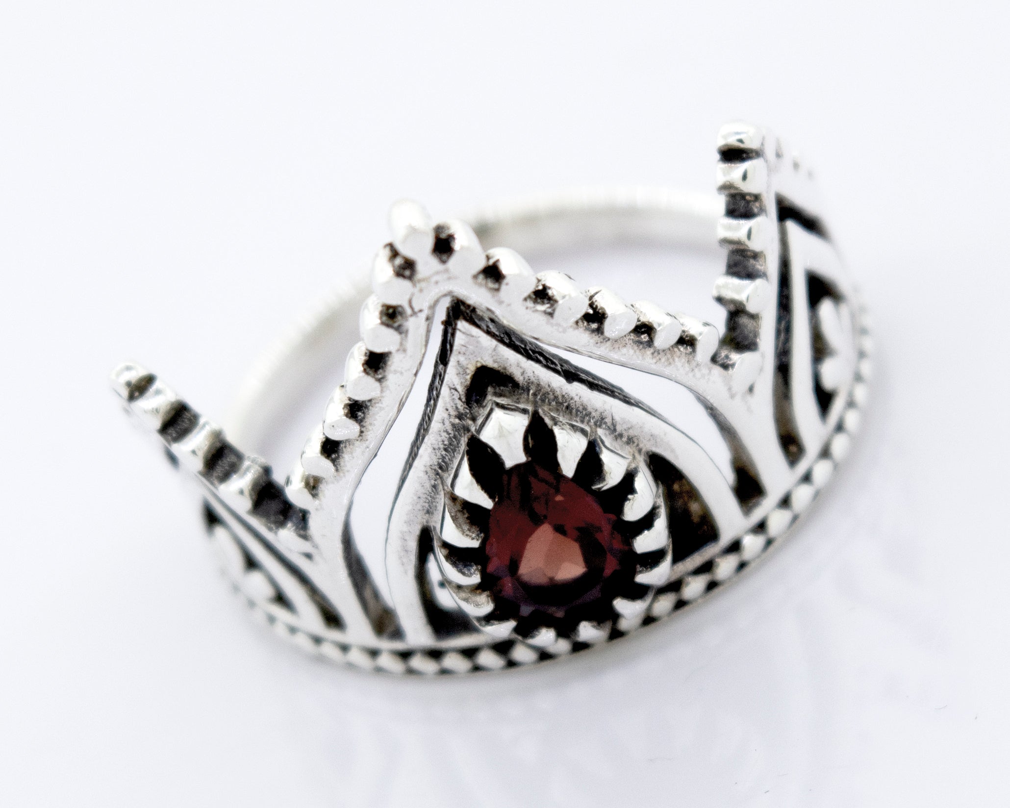 A Super Silver Crown Ring with Teardrop Shape Garnet.