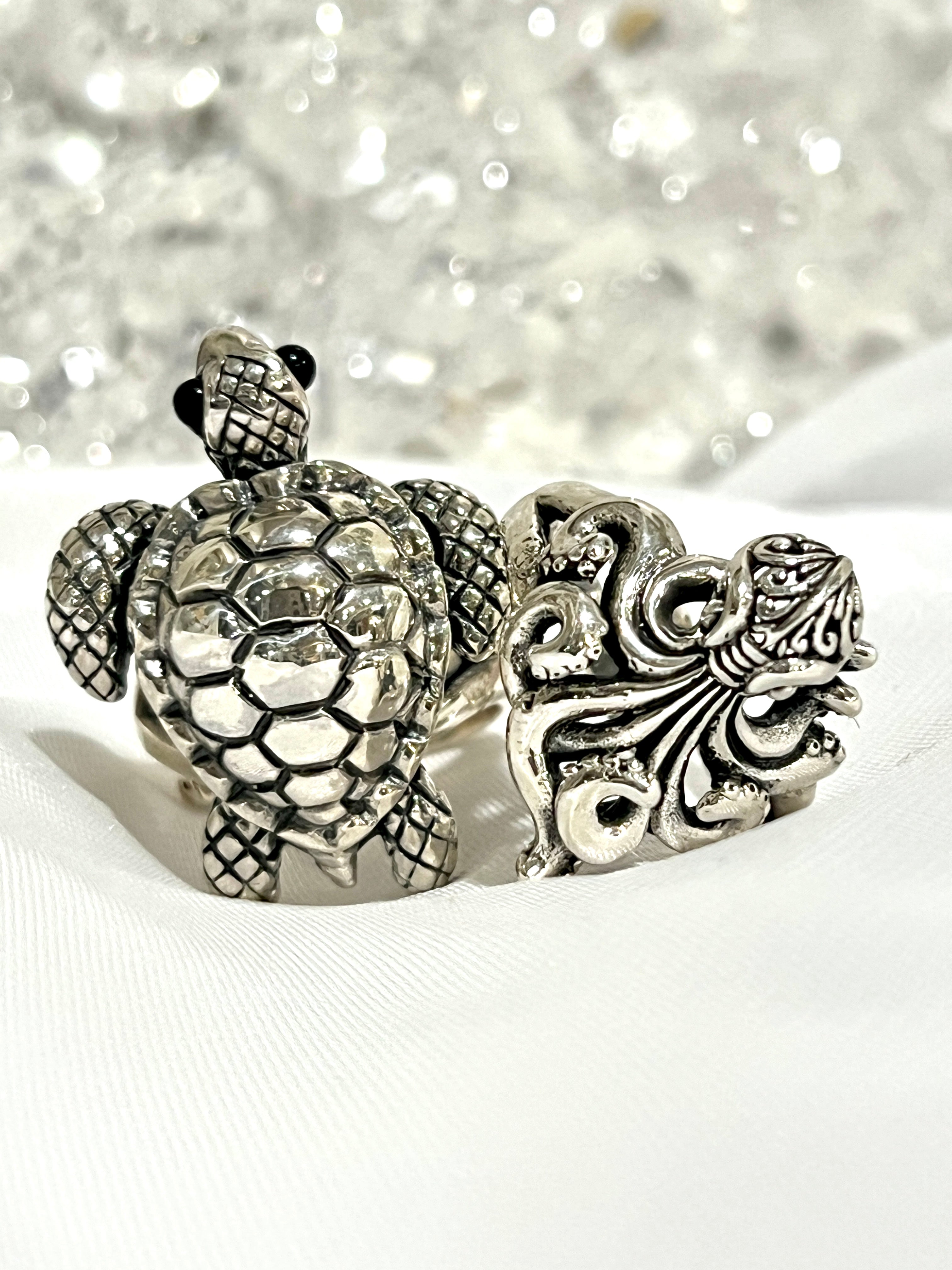 Artisan designer sterling silver turtle and Intricate Filigree Designer Octopus ring.