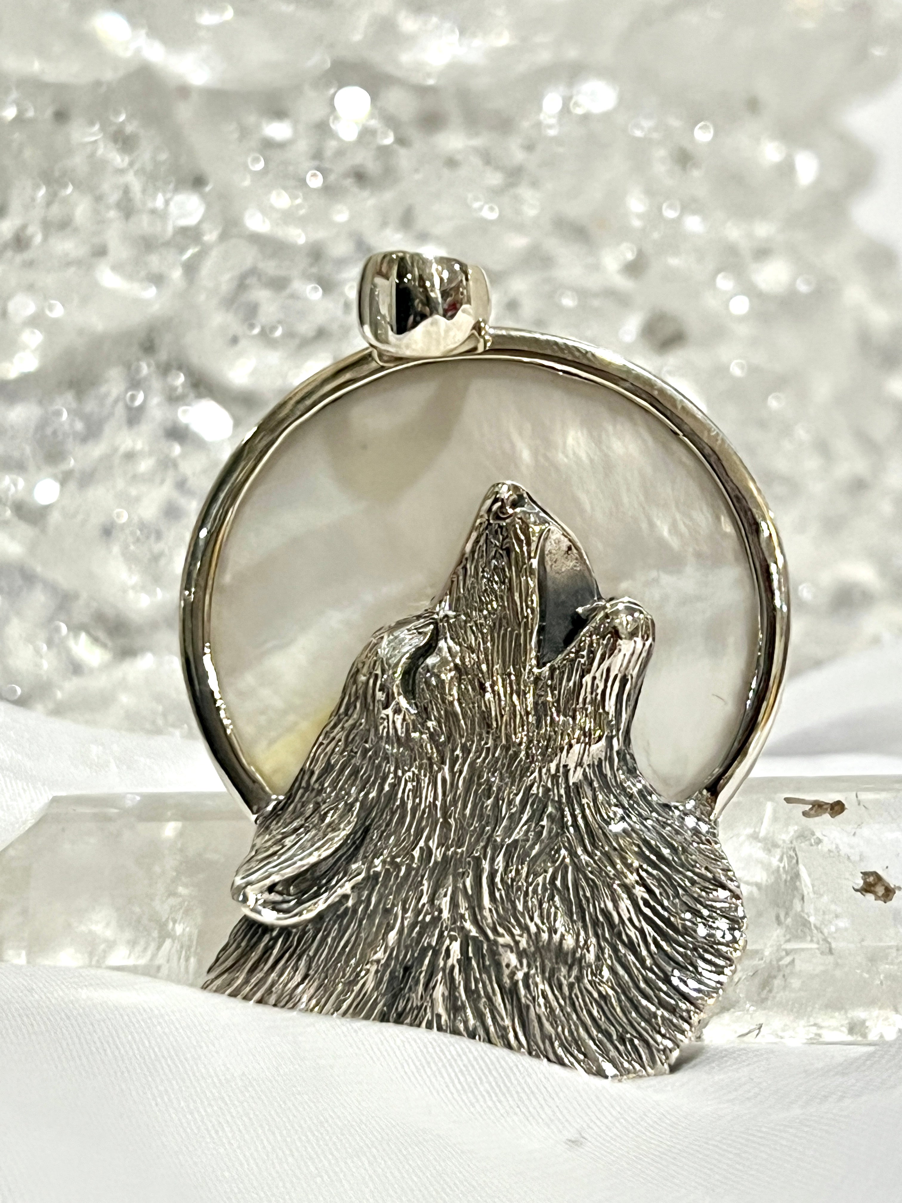 A Super Silver Wolf Howling At The Full Moon Pendant.